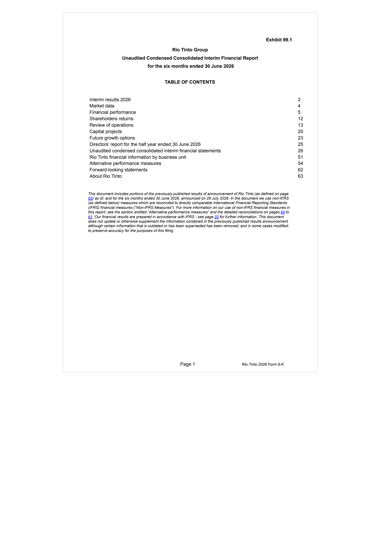 Rio Tinto's H1 2026 Press Release