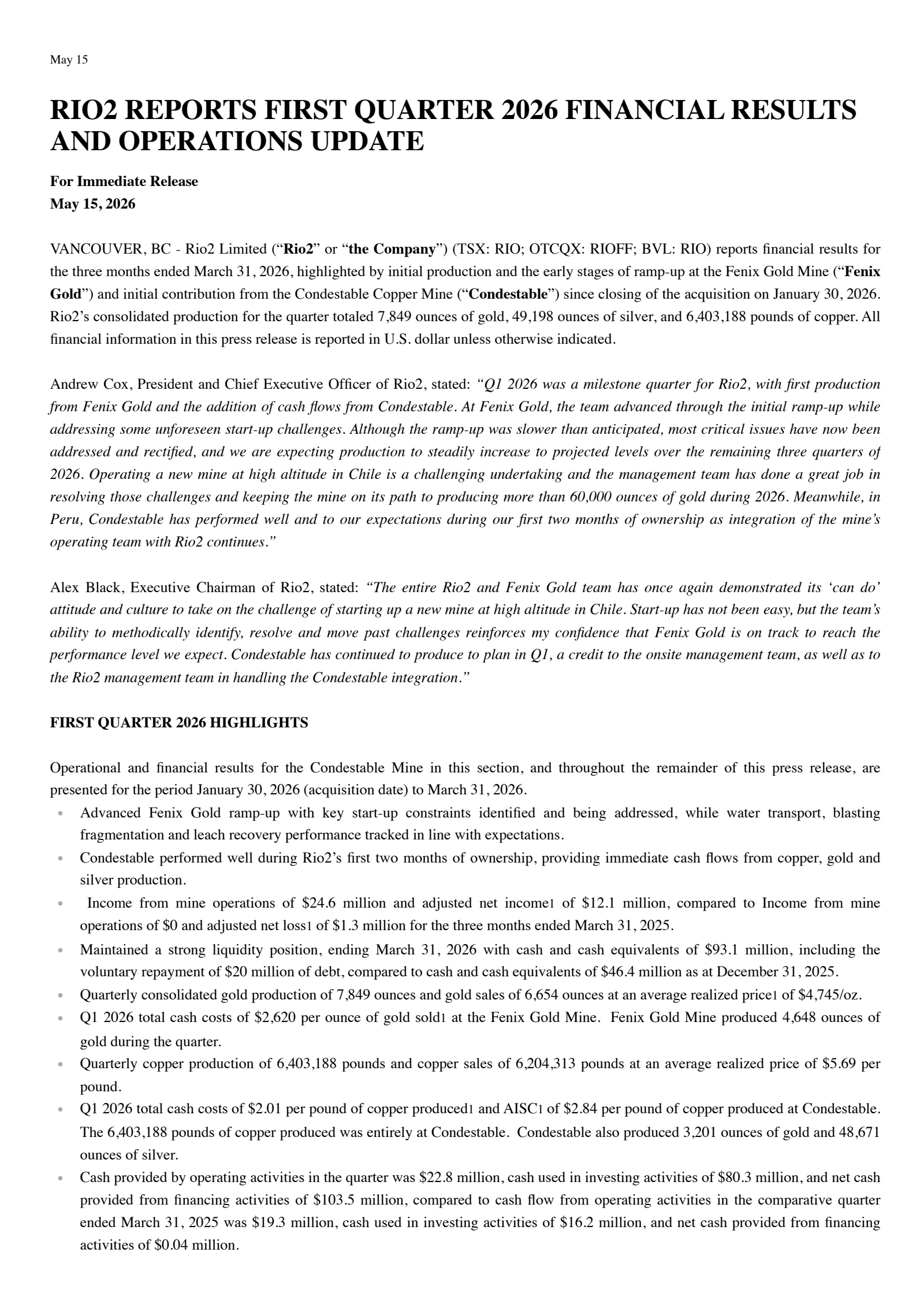 Rio2's Q1 2026 Press Release