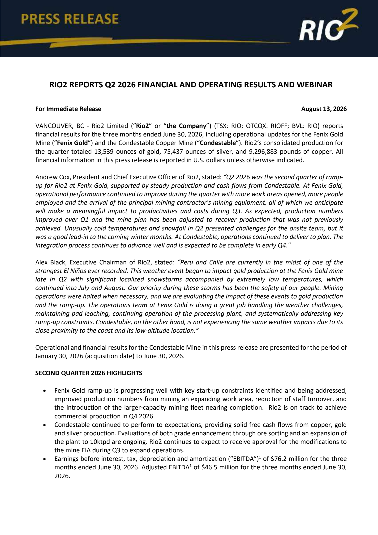 Rio2's Q2 2026 Press Release