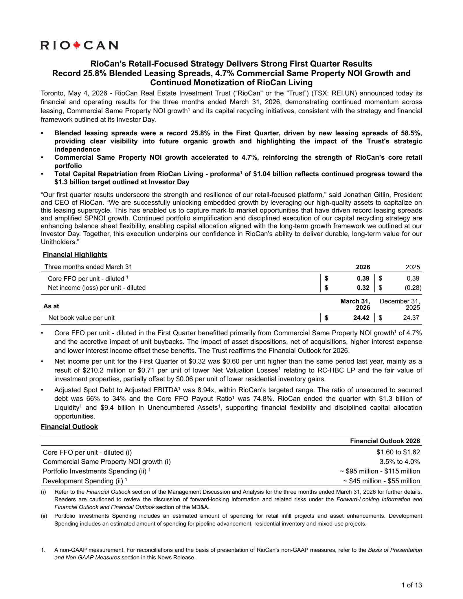 RioCan Real Estate Investment Trust's Q1 2026 Press Release