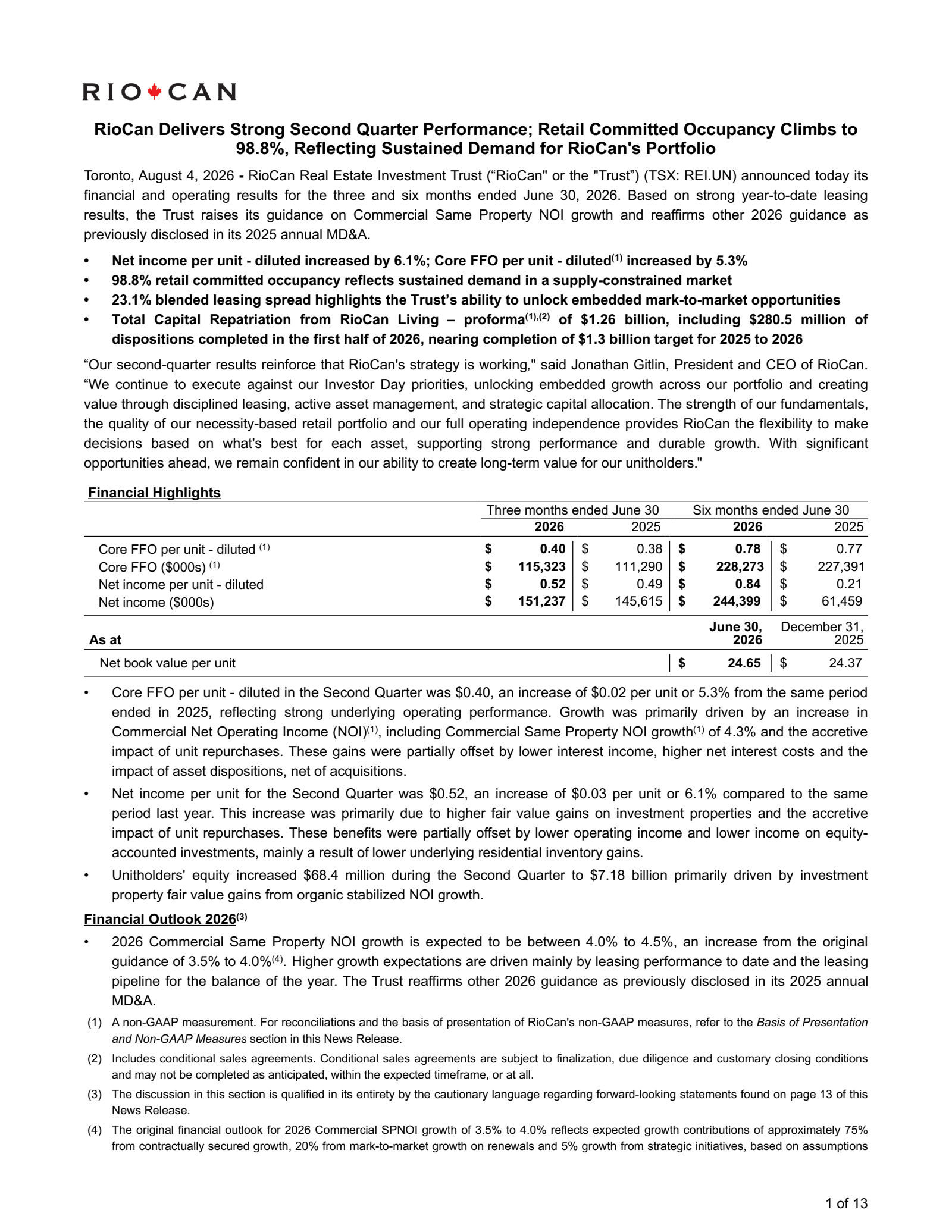 RioCan Real Estate Investment Trust's Q2 2026 Press Release