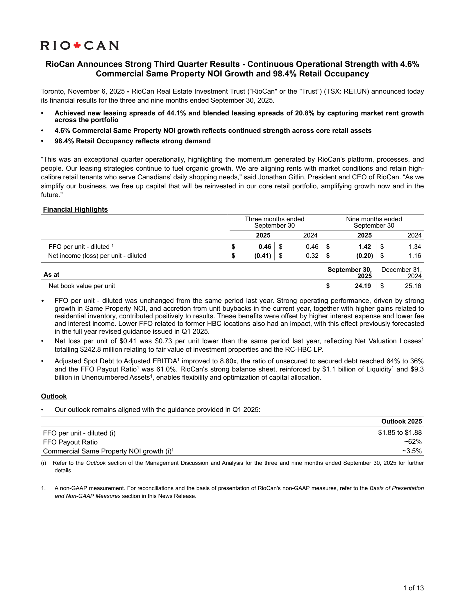 RioCan Real Estate Investment Trust's Q3 2025 Earnings Release