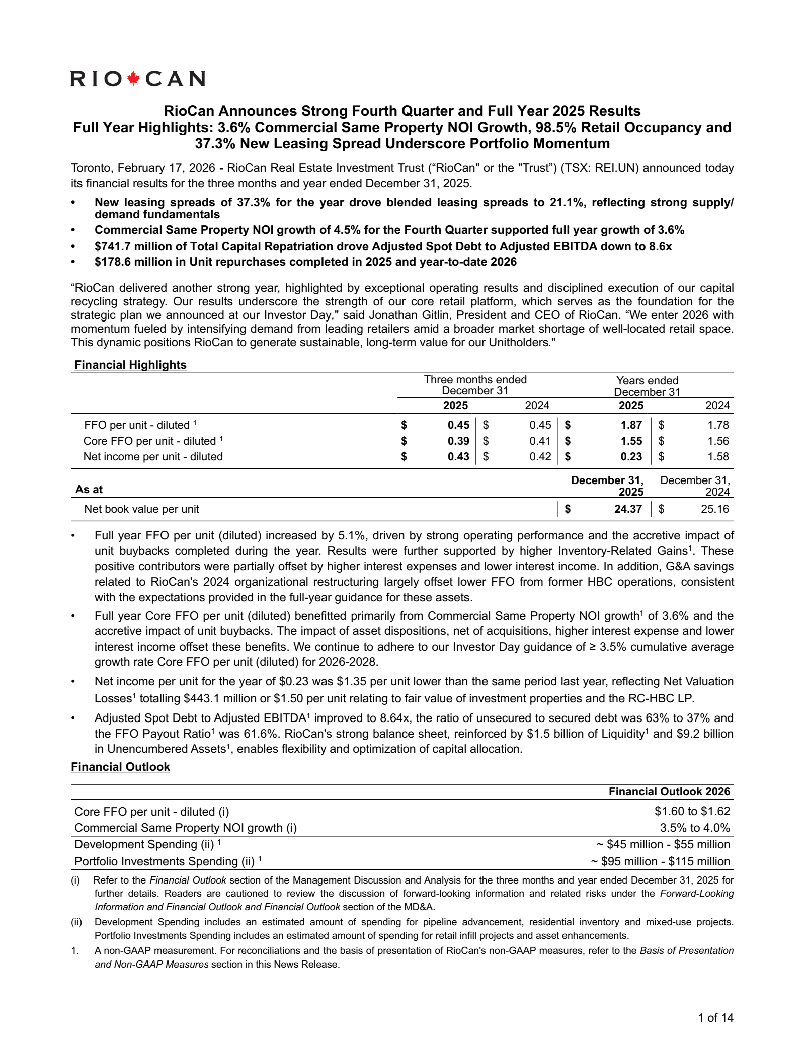 RioCan Real Estate Investment Trust's Q4 2025 Press Release