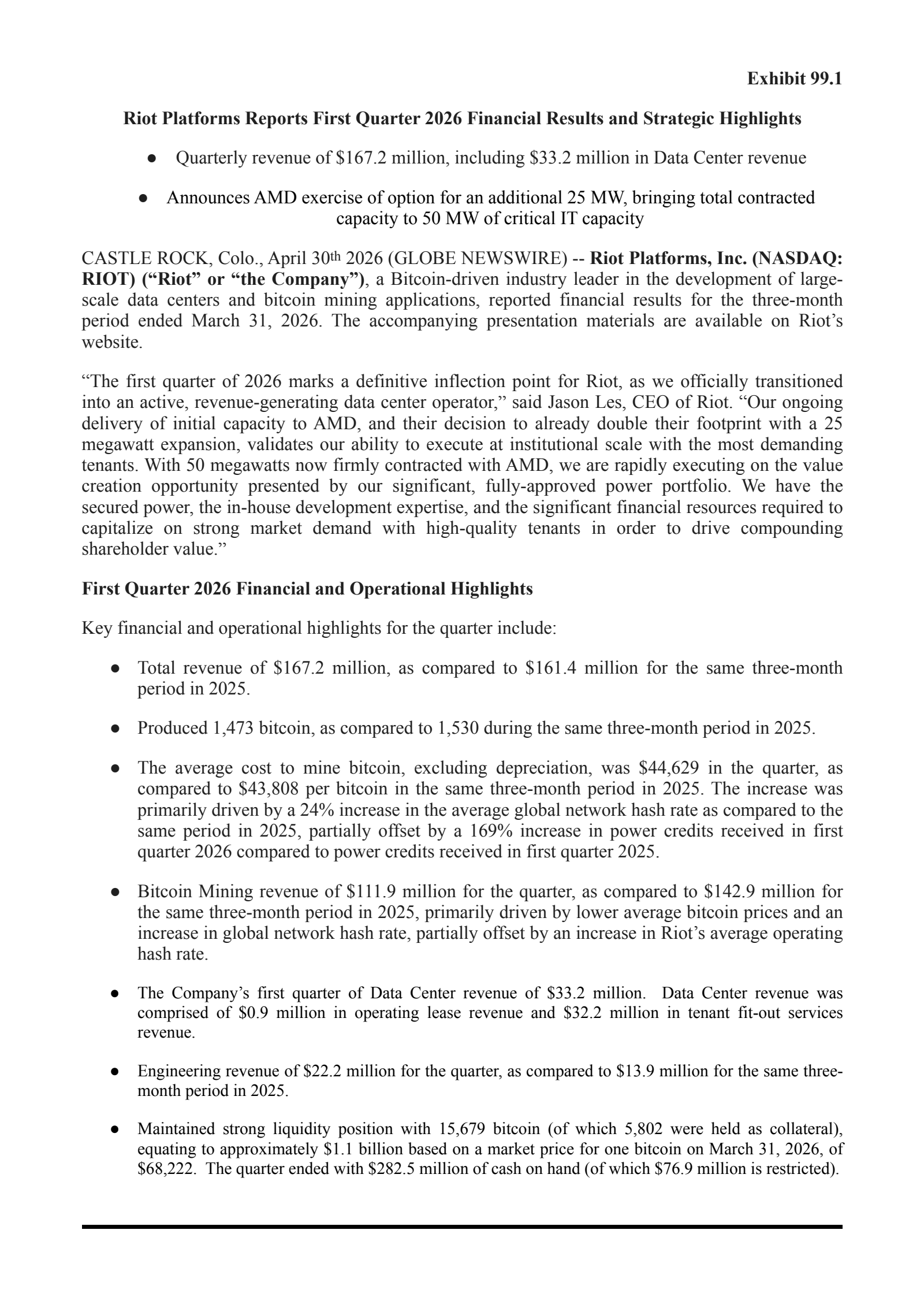 Riot Platforms' Q1 2026 Press Release