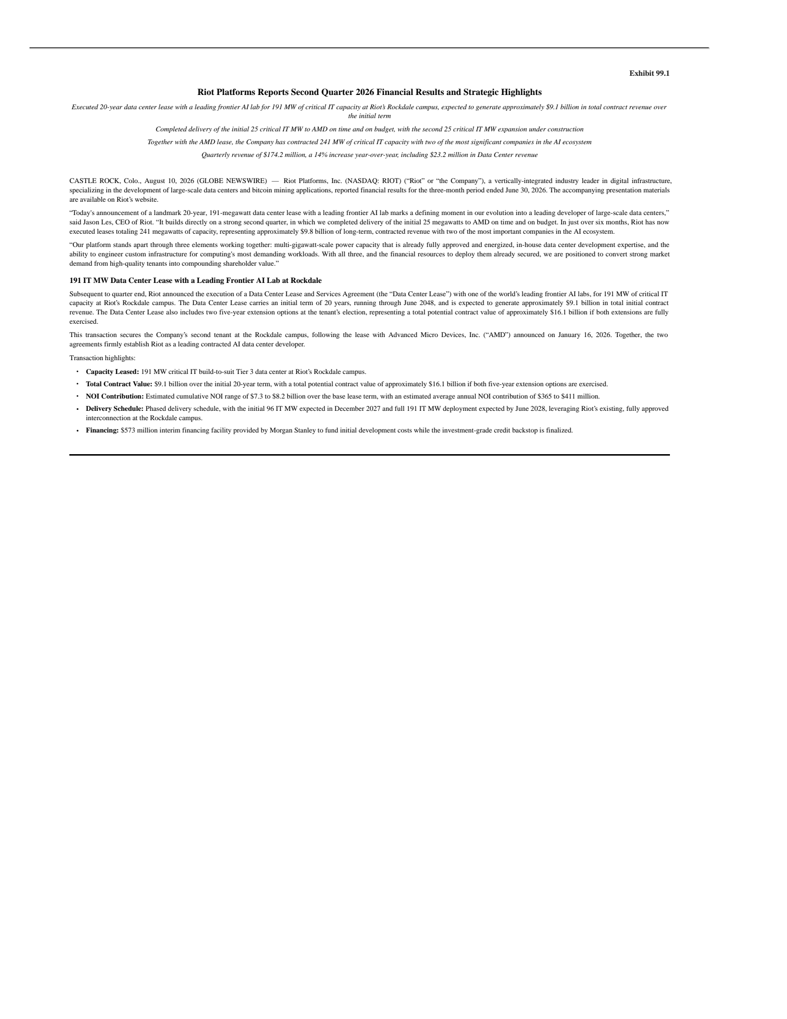 Riot Platforms' Q2 2026 Press Release