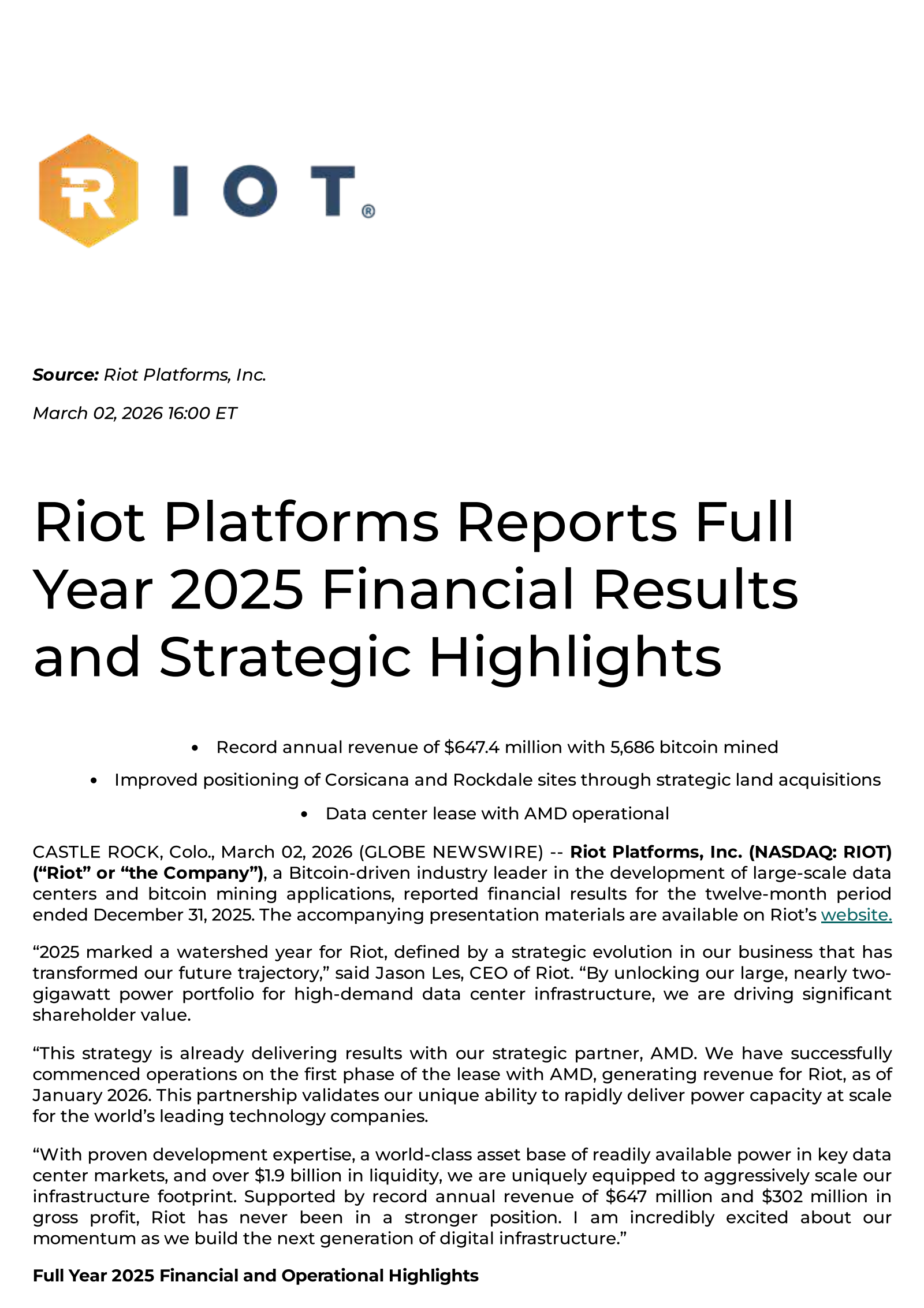 Riot Platforms' Q4 2025 Press Release