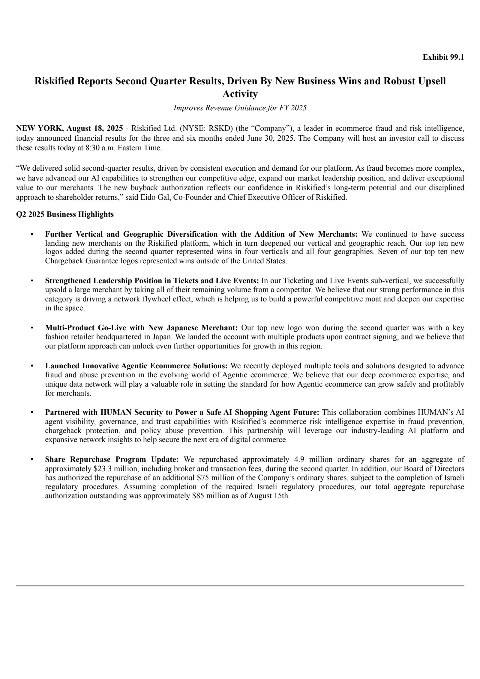 Riskified's Q2 2025 Press Release