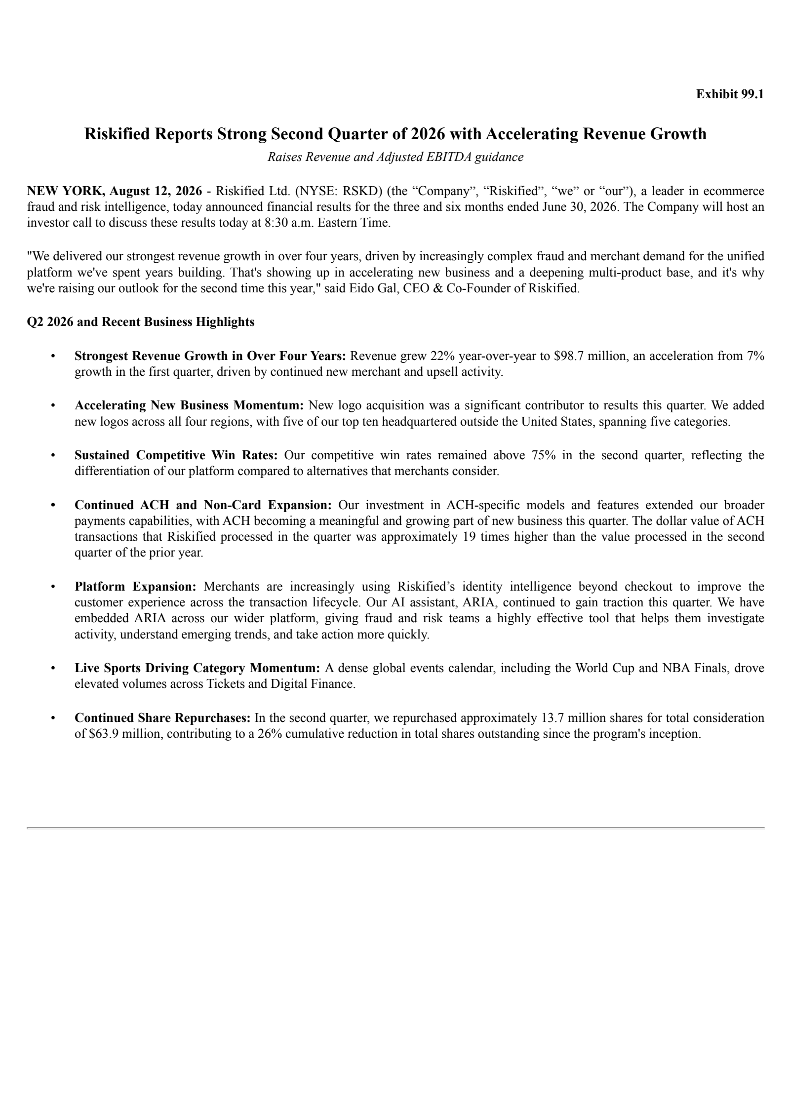 Riskified's Q2 2026 Press Release