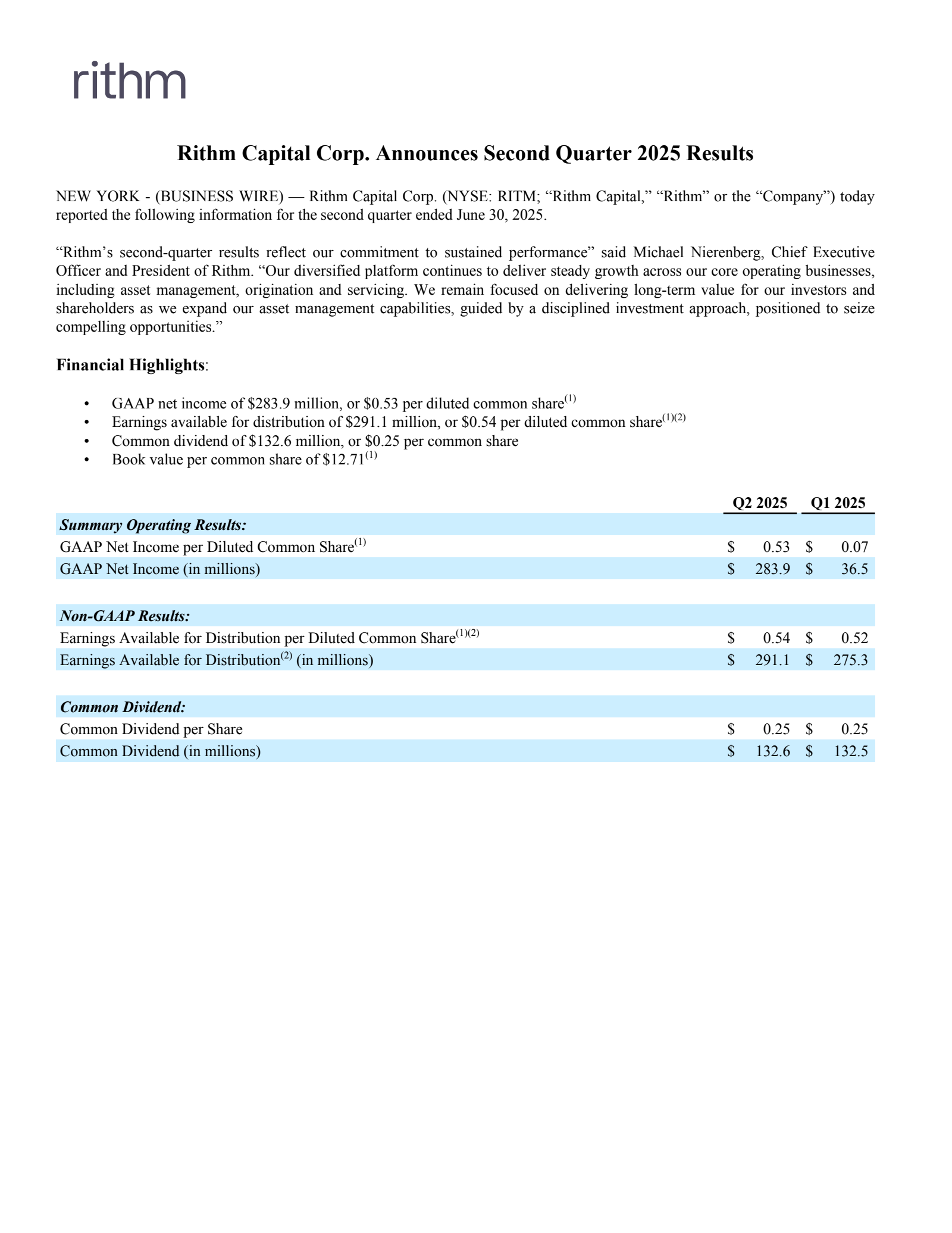 Rithm Capital's Q2 2025 Press Release