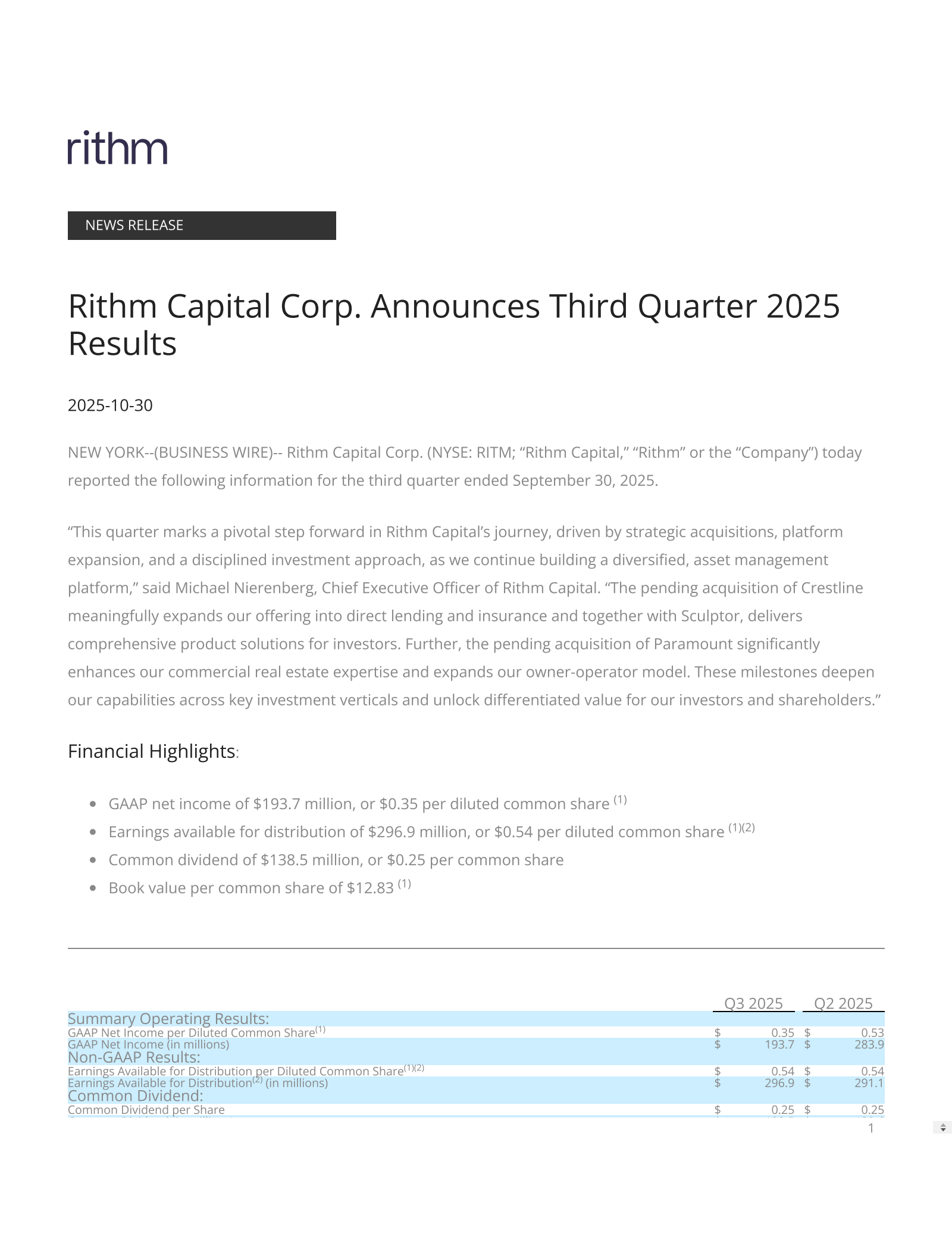 Rithm Capital's Q3 2025 Earnings Release