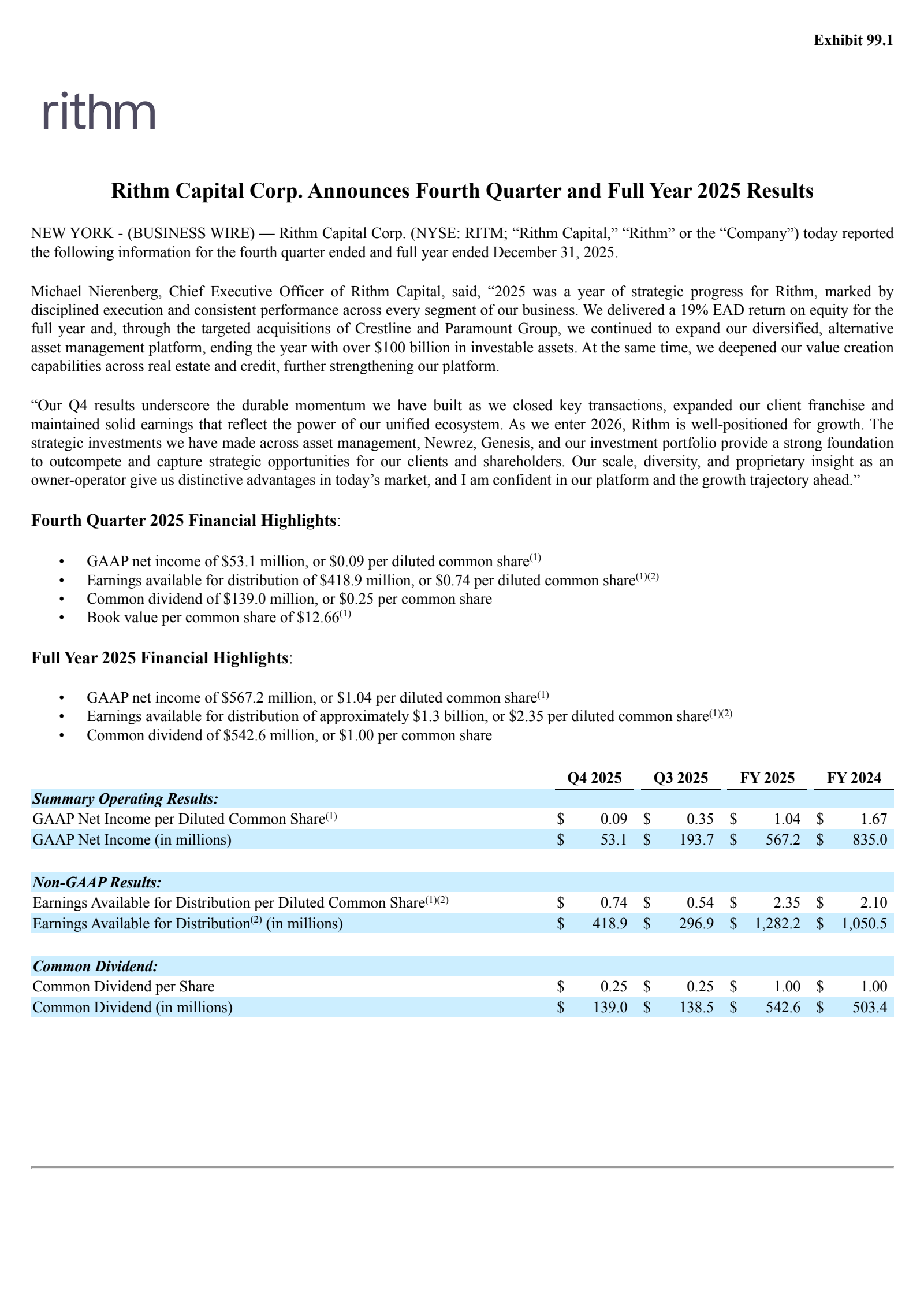 Rithm Capital's Q4 2025 Press Release