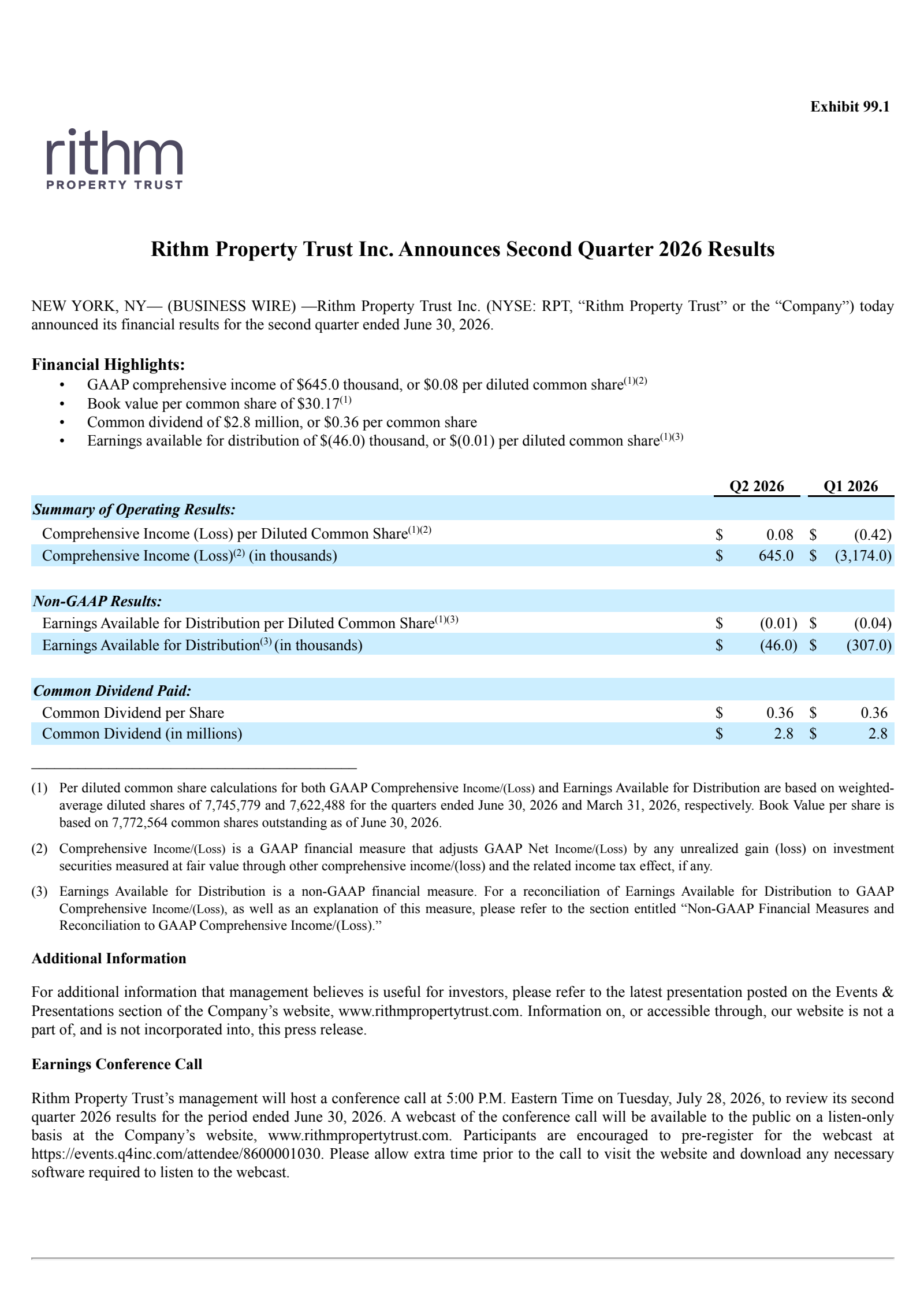 Rithm Property Trust's Q2 2026 Press Release