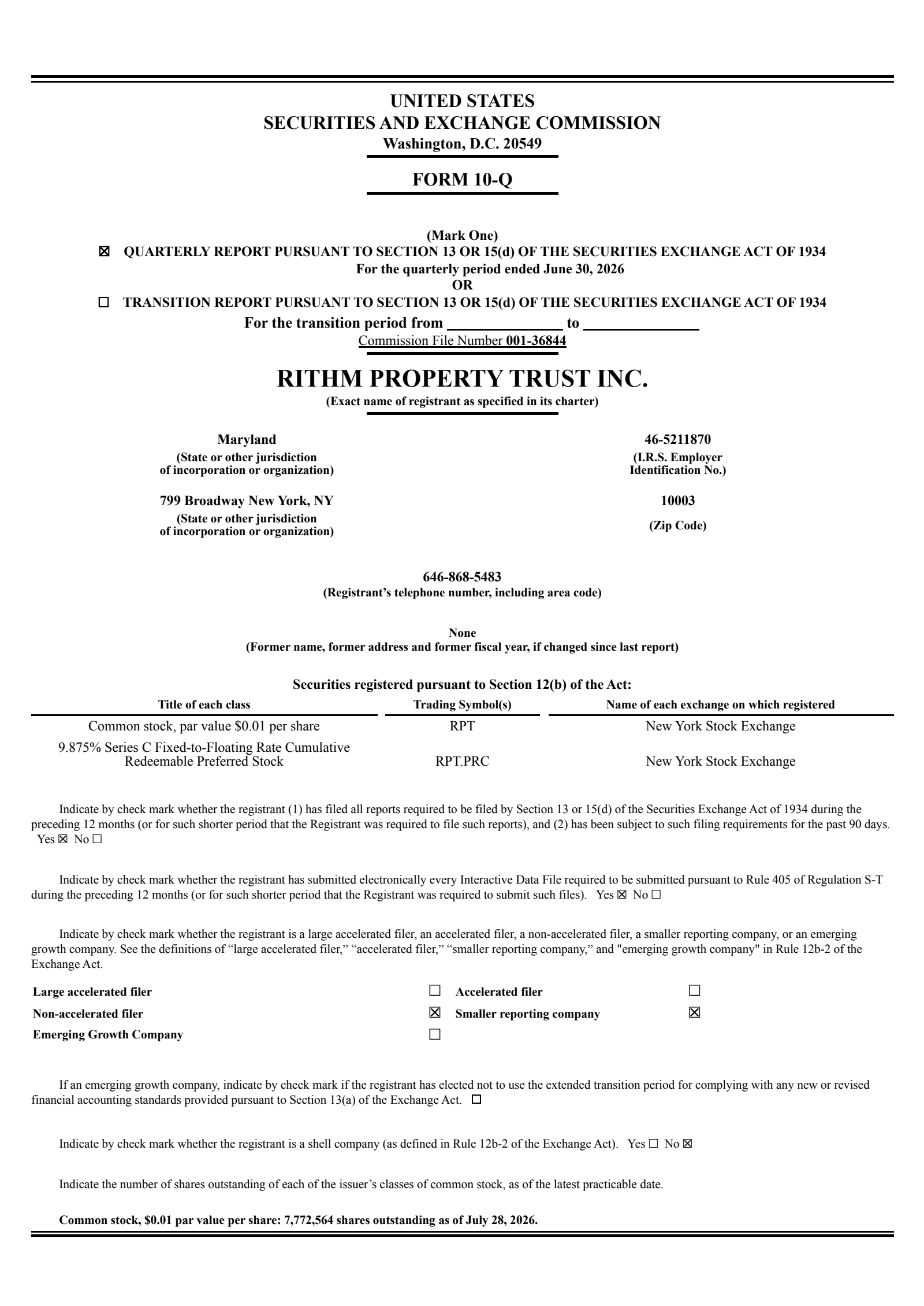 Rithm Property Trust's Q2 2026 Quarterly report