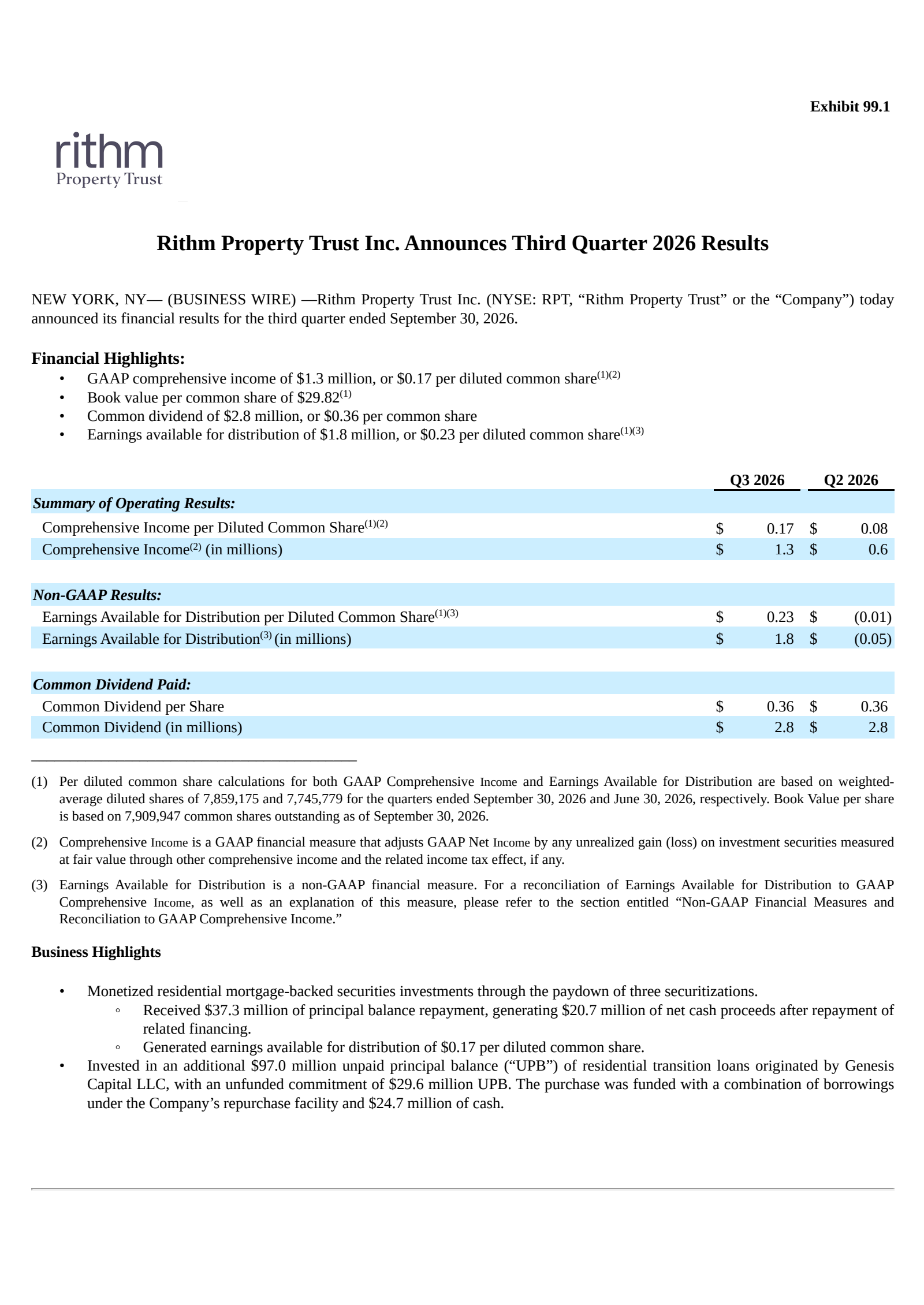 Rithm Property Trust's Q3 2026 Press Release