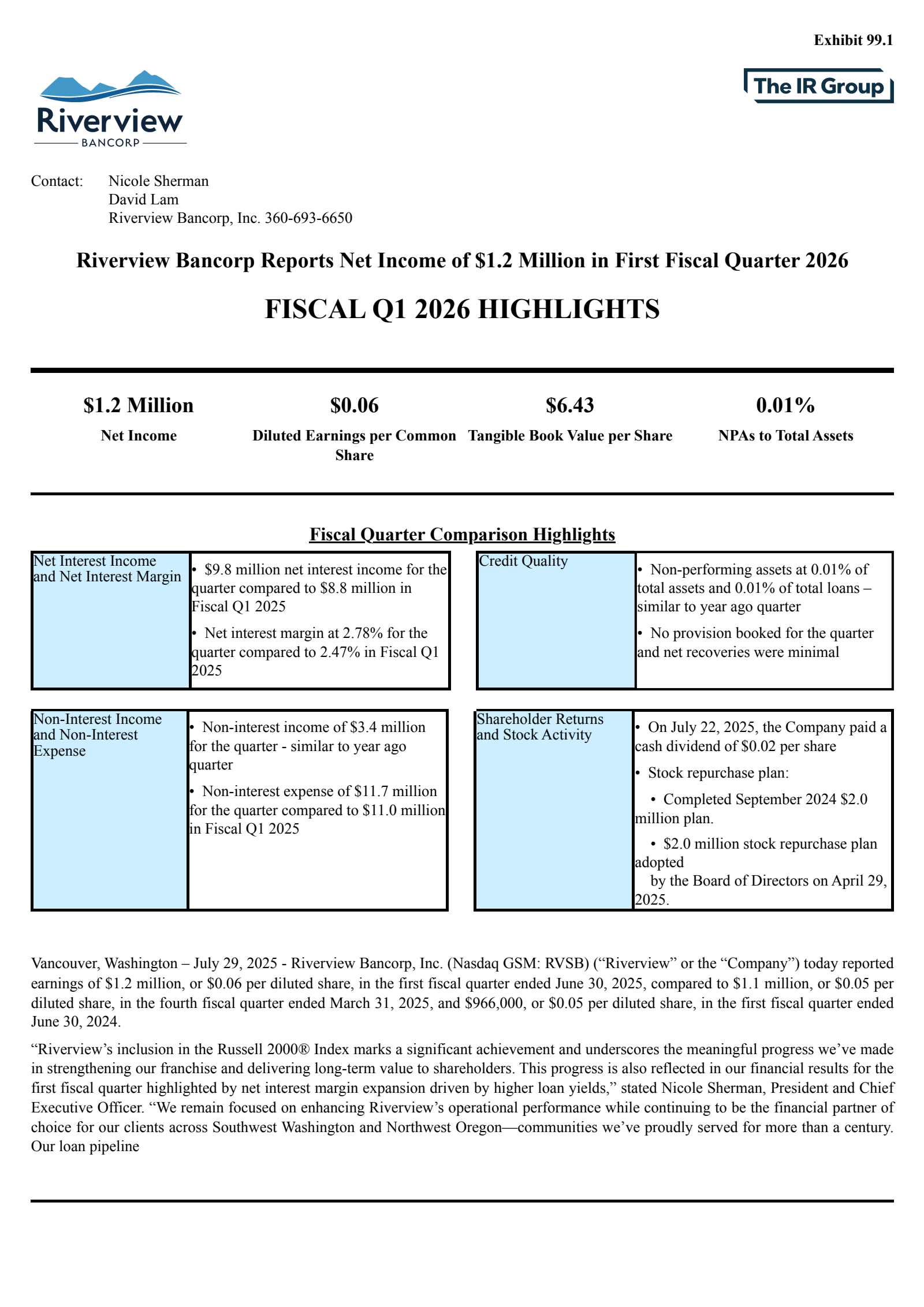 Riverview Bancorp's Q1 2026 Press Release