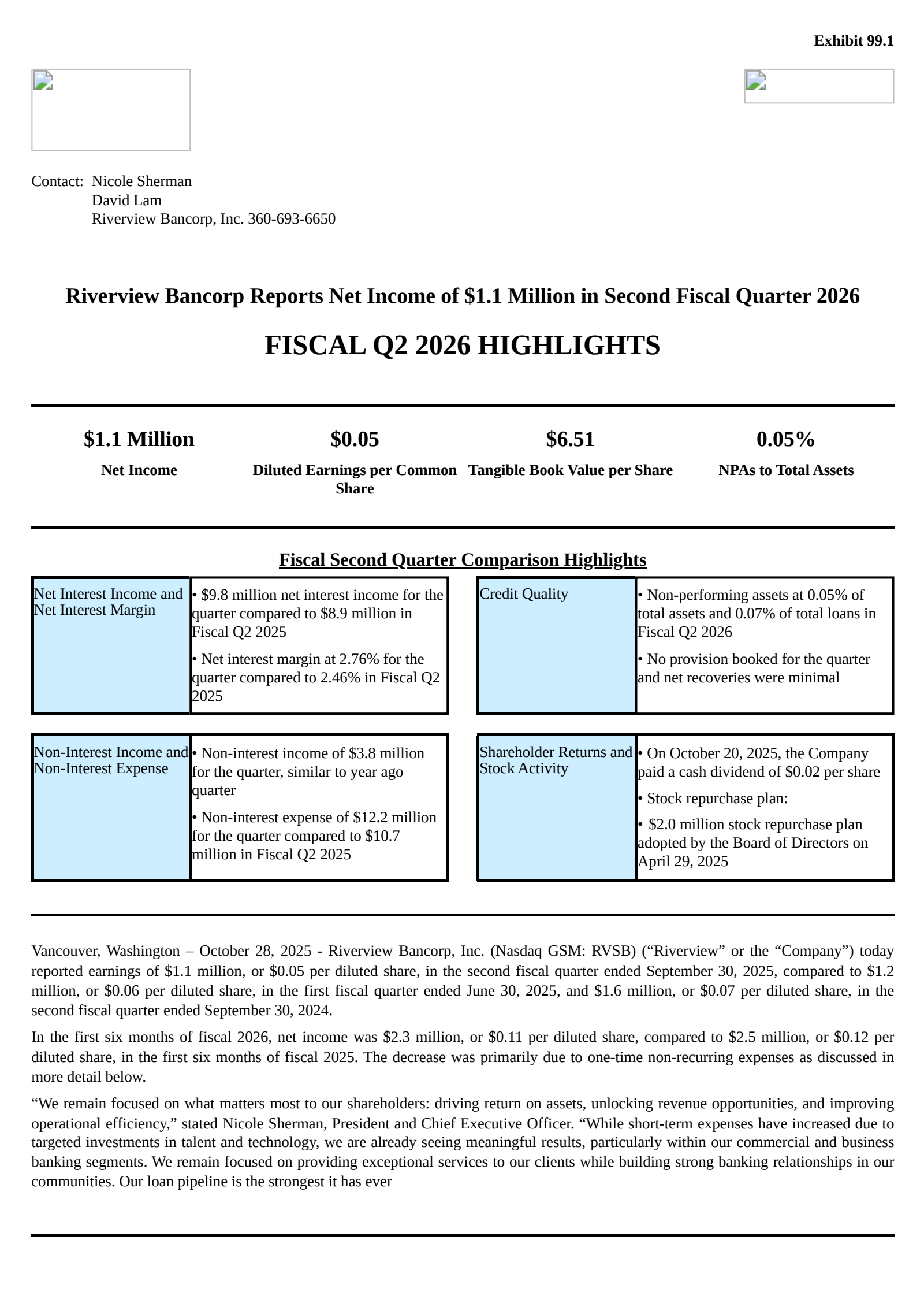 Riverview Bancorp's Q2 2026 Earnings Release