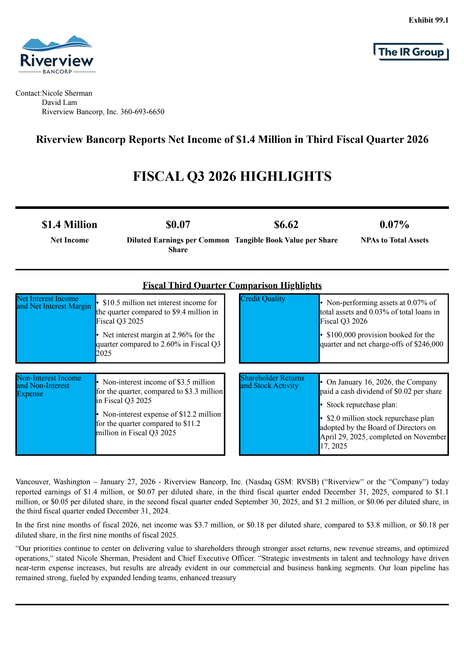 Riverview Bancorp's Q3 2026 Press Release