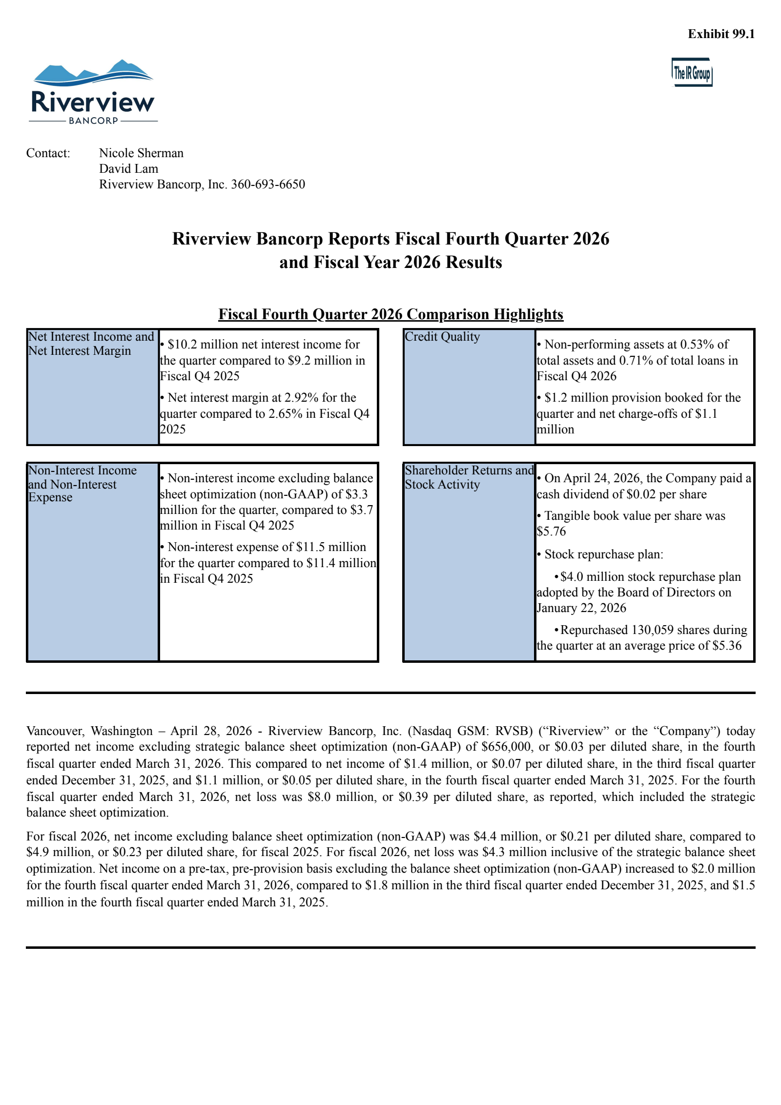 Riverview Bancorp's Q4 2026 Press Release