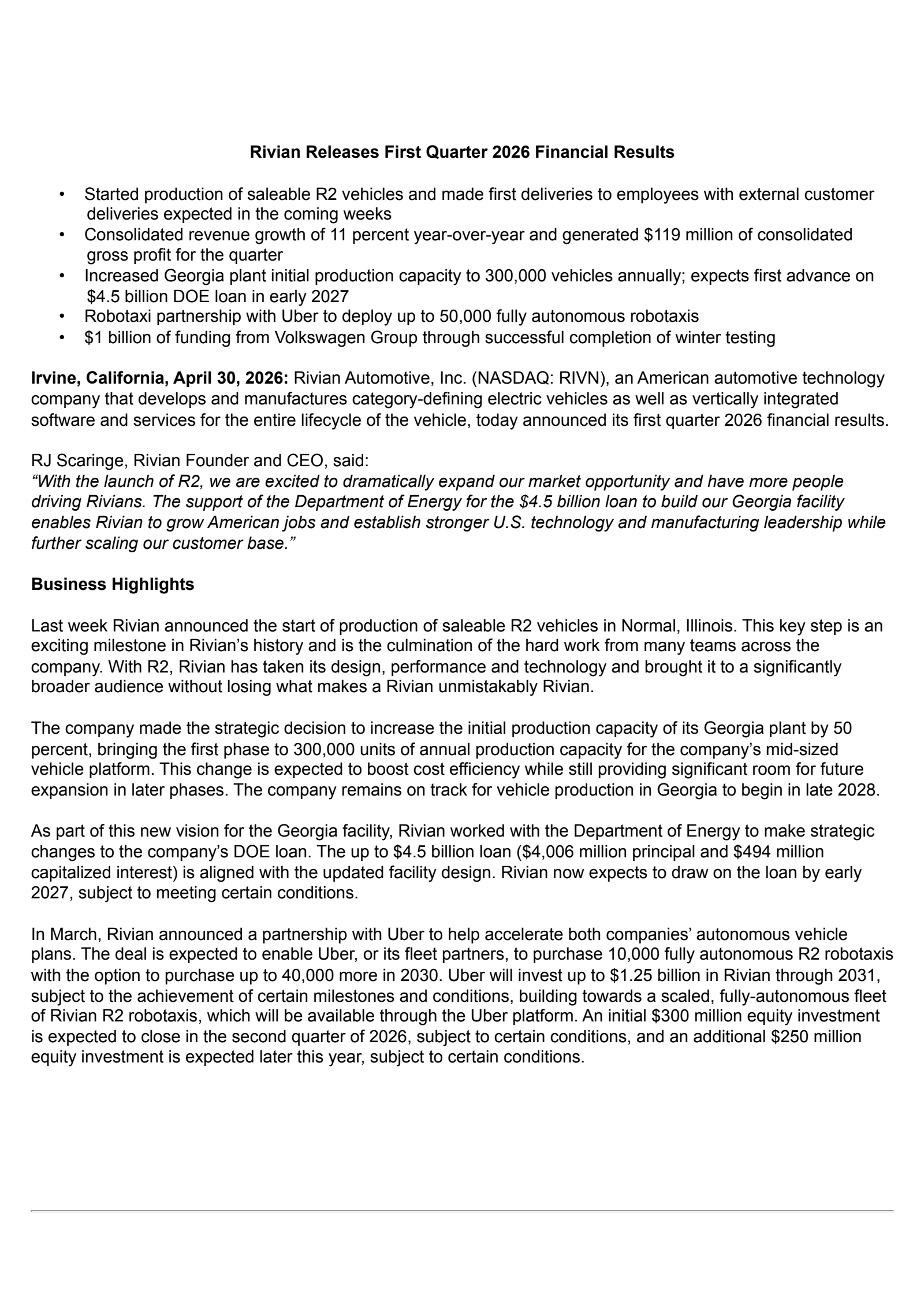 Rivian Automotive's Q1 2026 Press Release