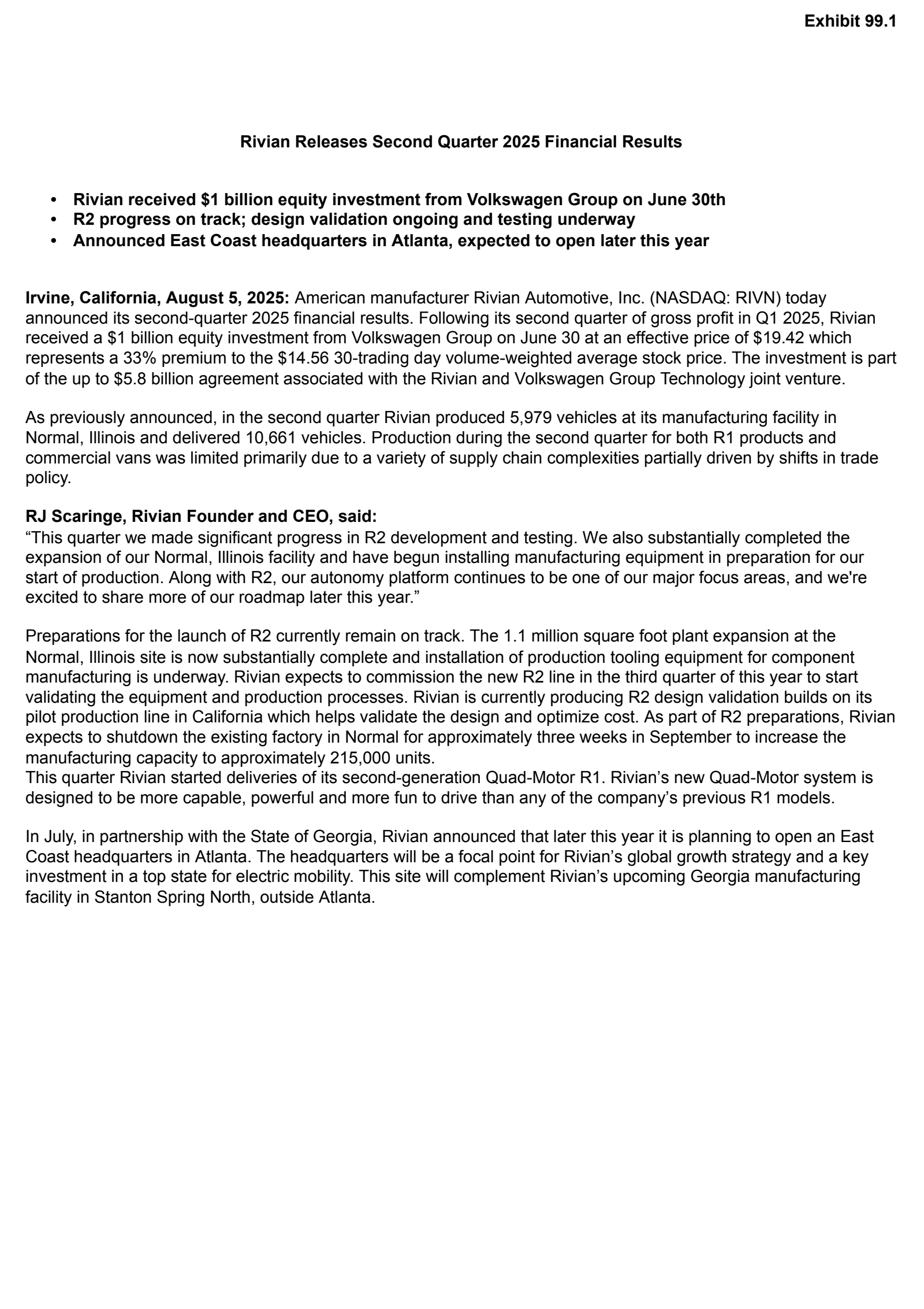 Rivian Automotive's Q2 2025 Earnings Release