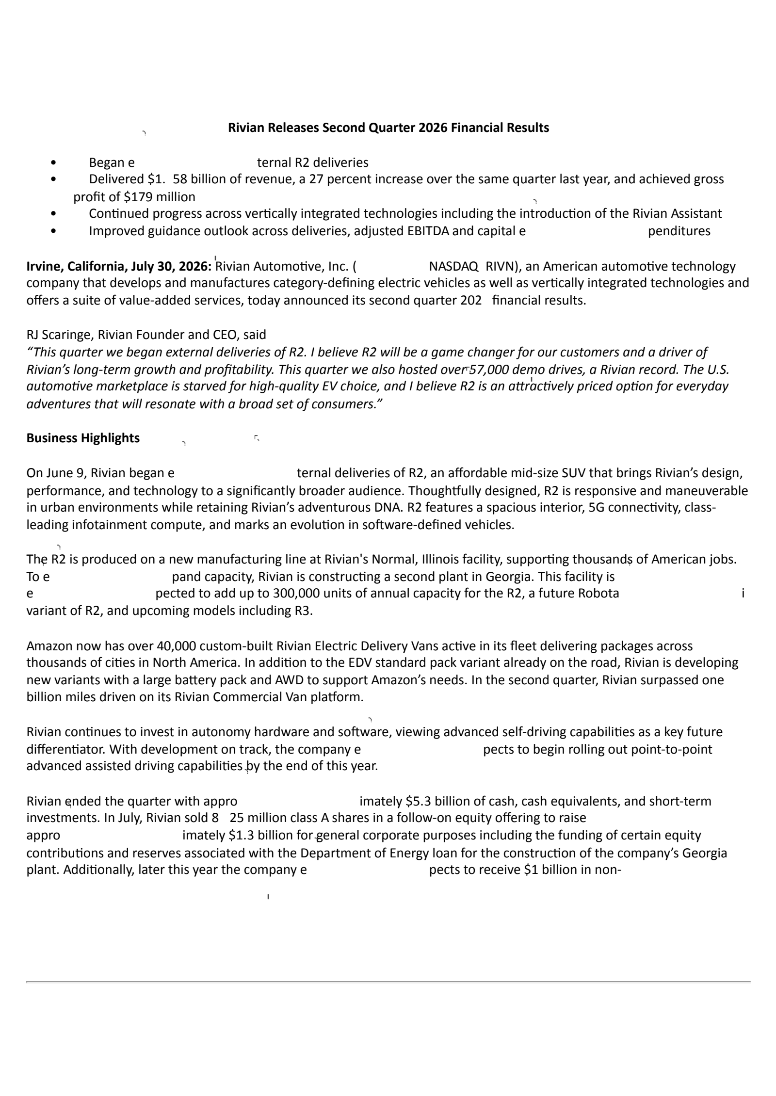Rivian Automotive's Q2 2026 Press Release