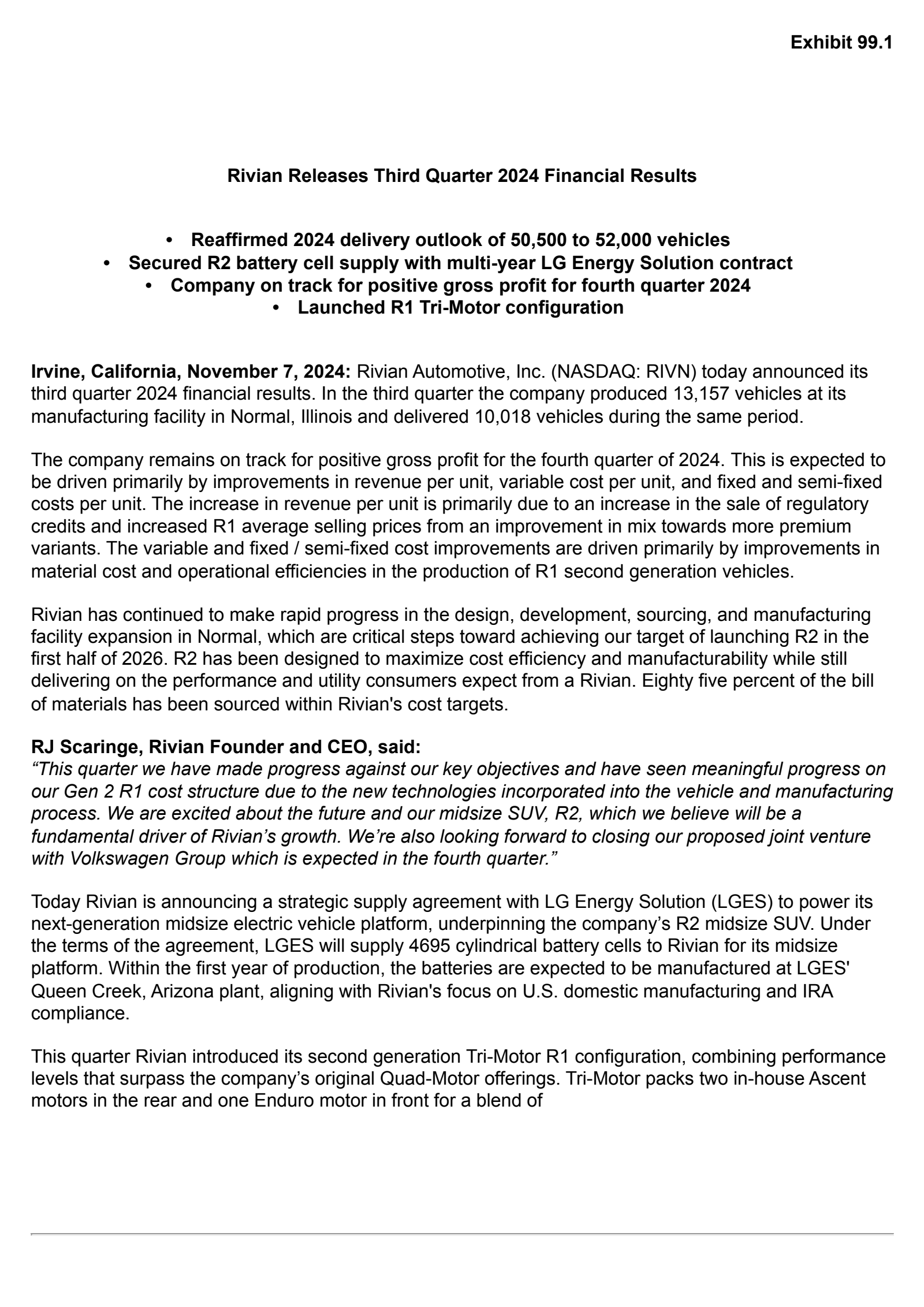 Rivian Automotive's Q3 2024 Press Release