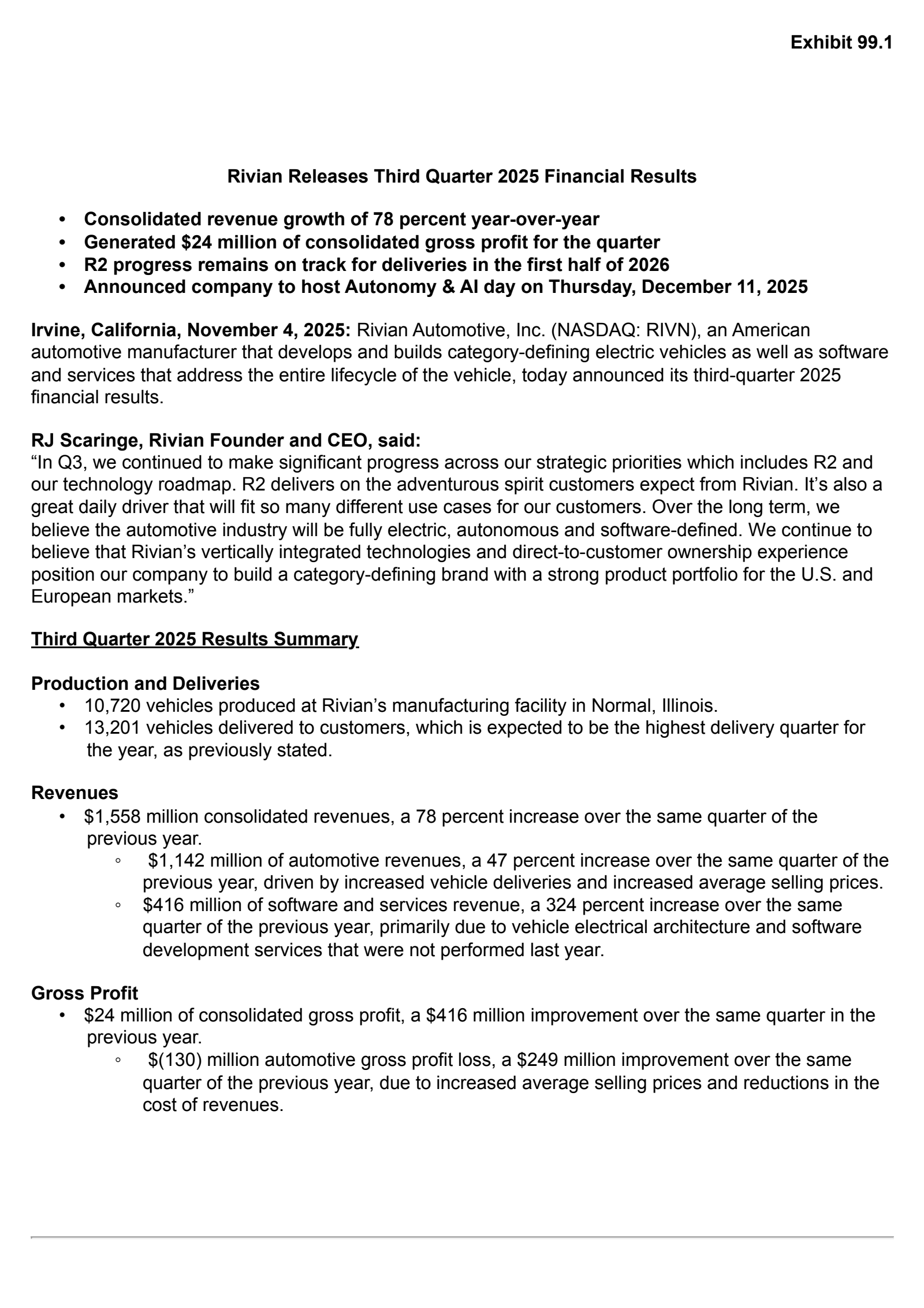 Rivian Automotive's Q3 2025 Earnings Release