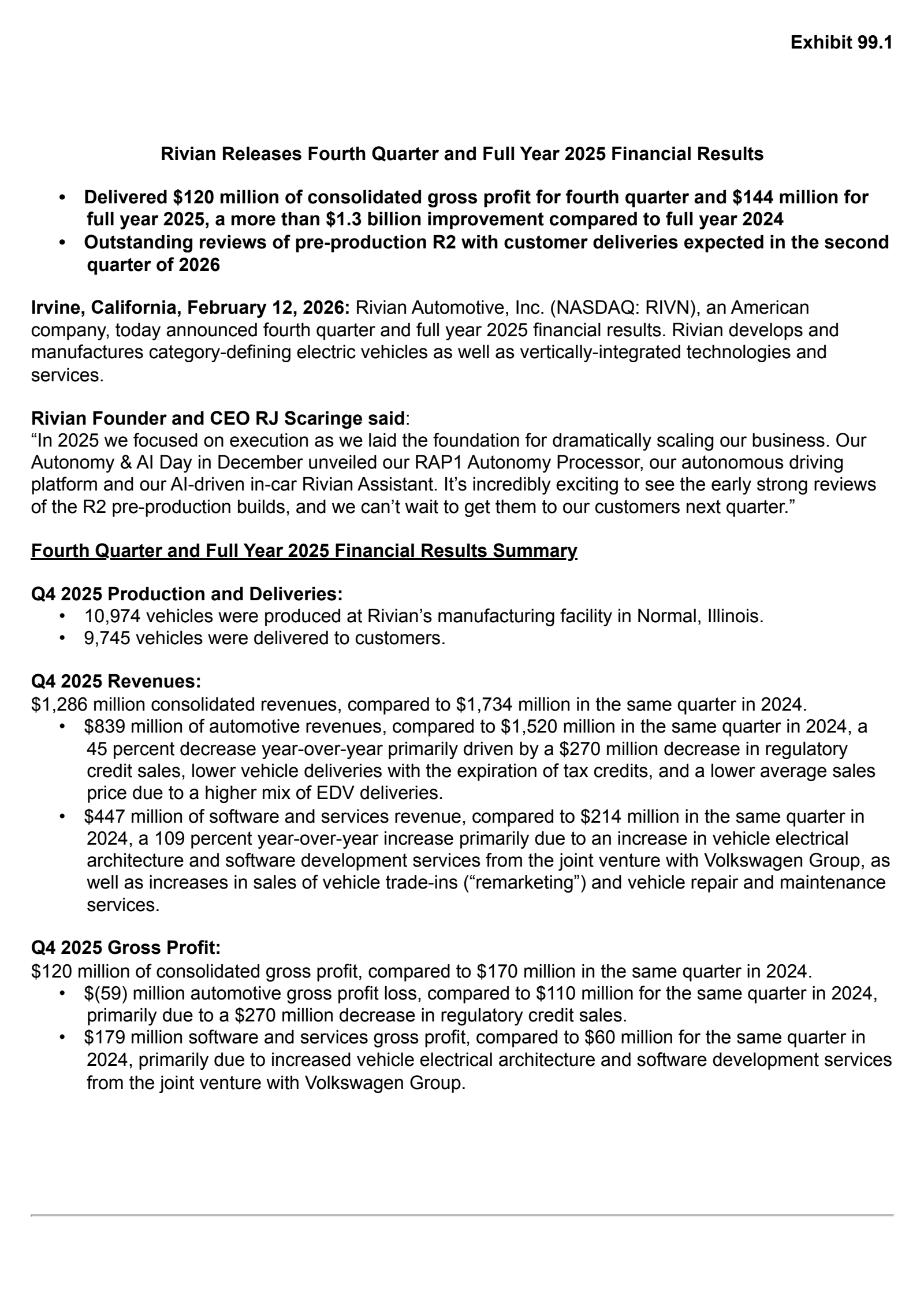 Rivian Automotive's Q4 2025 Press Release