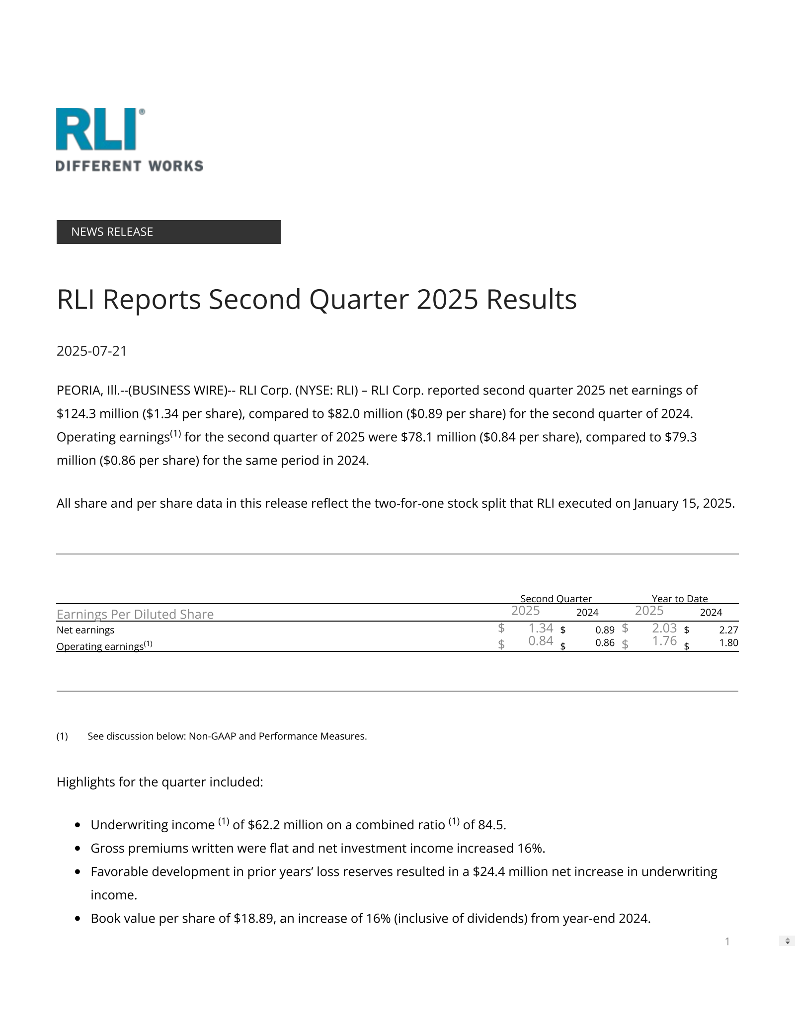 RLI's Q2 2025 Press Release