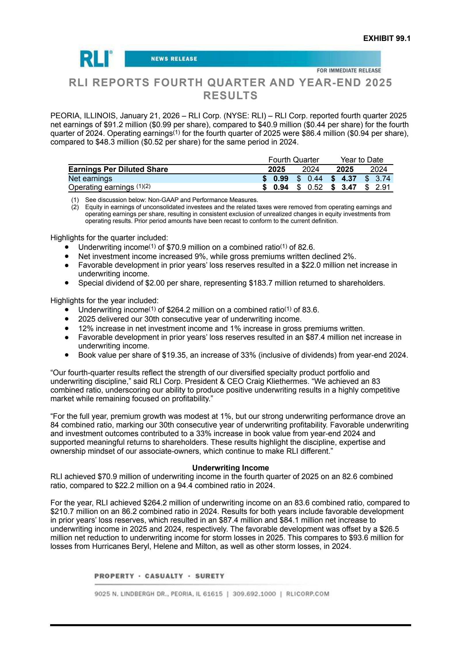 RLI's Q4 2025 Press Release