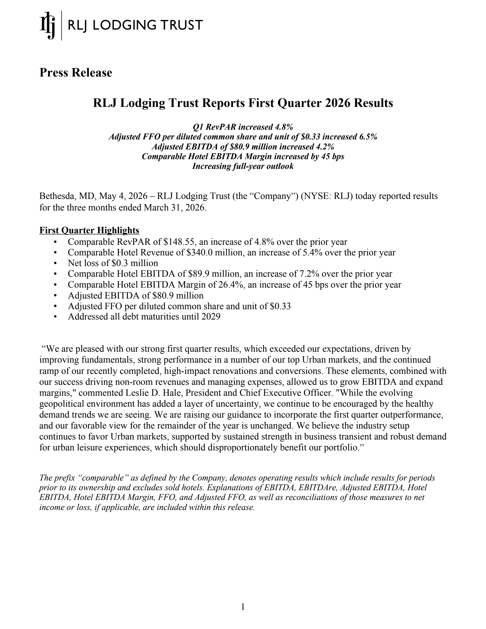 RLJ Lodging Trust's Q1 2026 Press Release