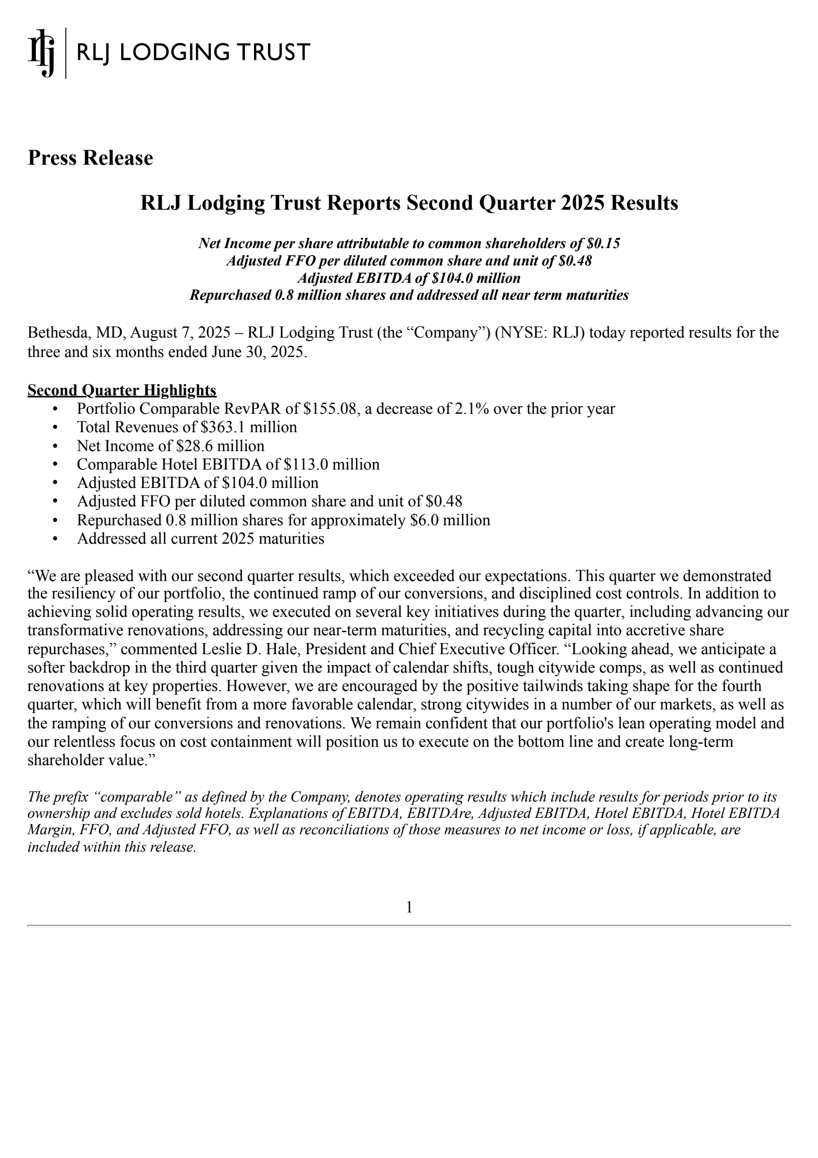 RLJ Lodging Trust's Q2 2025 Press Release