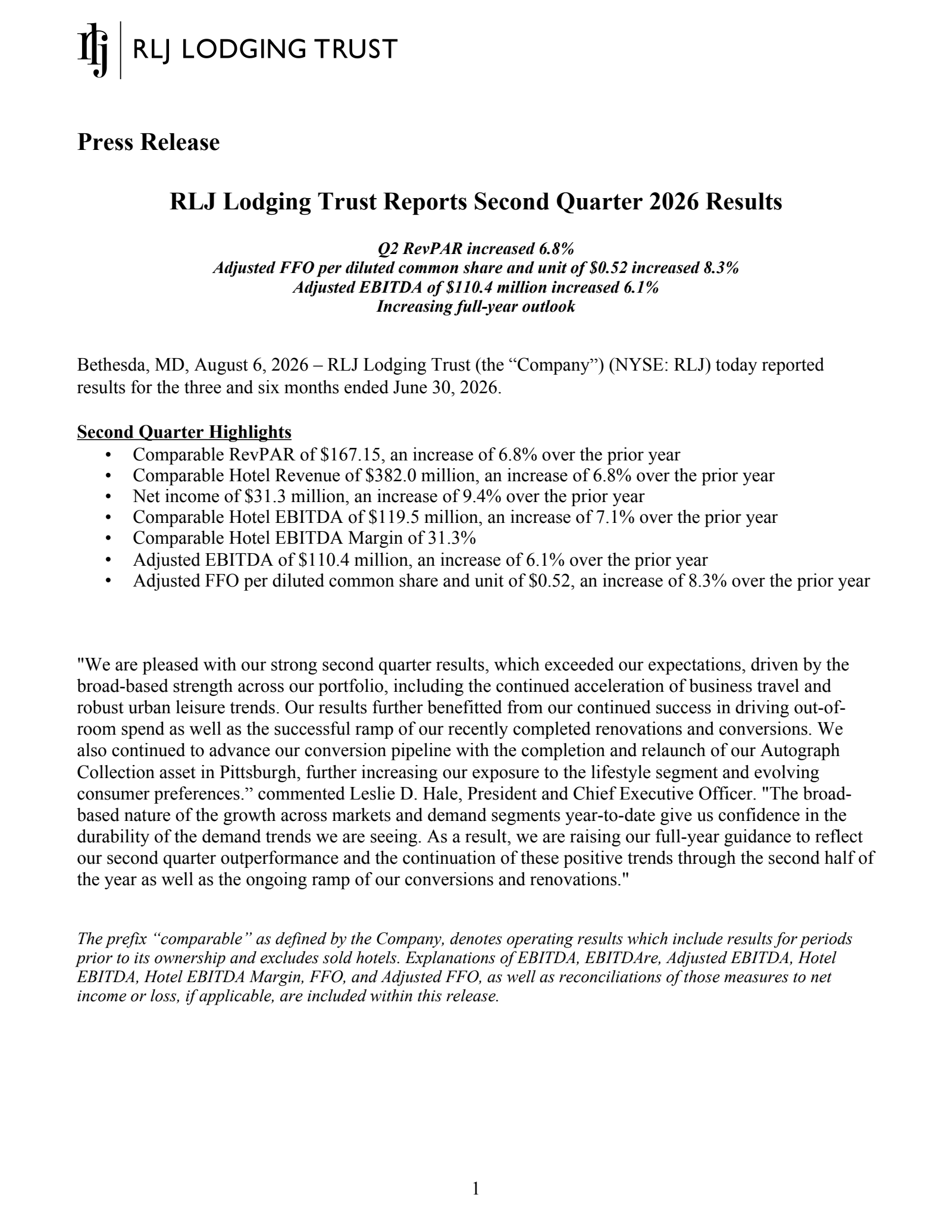 RLJ Lodging Trust's Q2 2026 Press Release