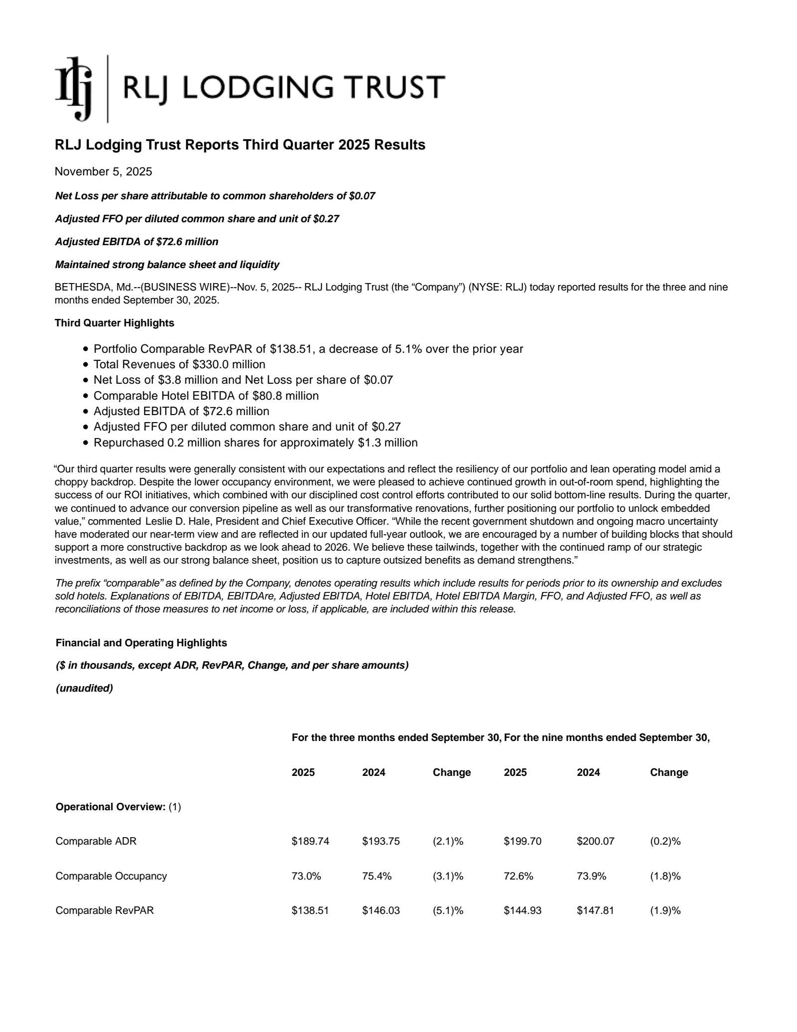 RLJ Lodging Trust's Q3 2025 Earnings Release