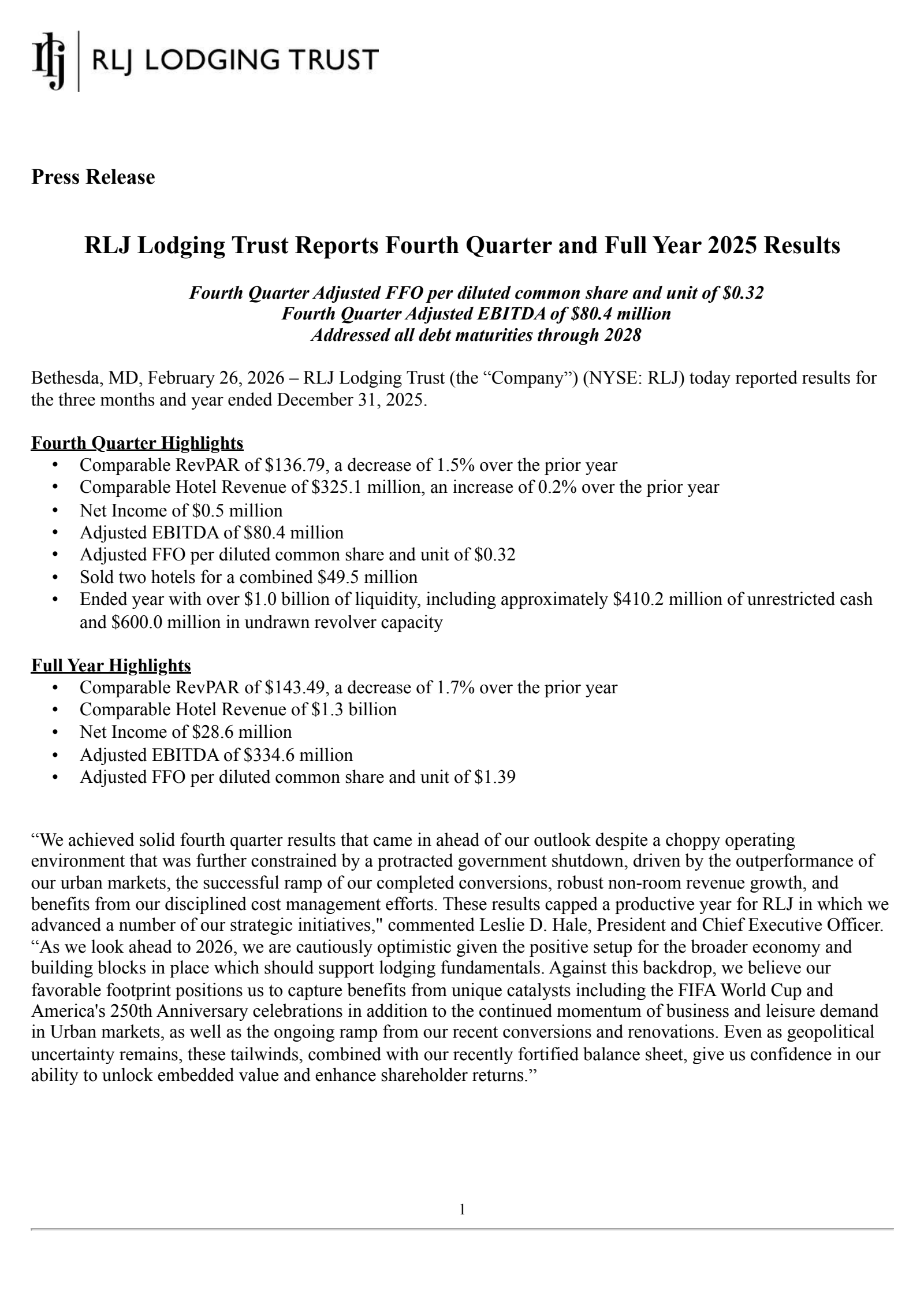 RLJ Lodging Trust's Q4 2025 Press Release