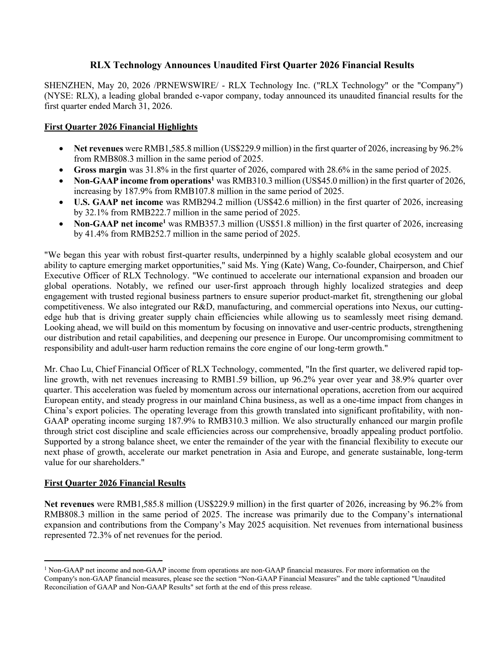 RLX Technology's Q1 2026 Press Release