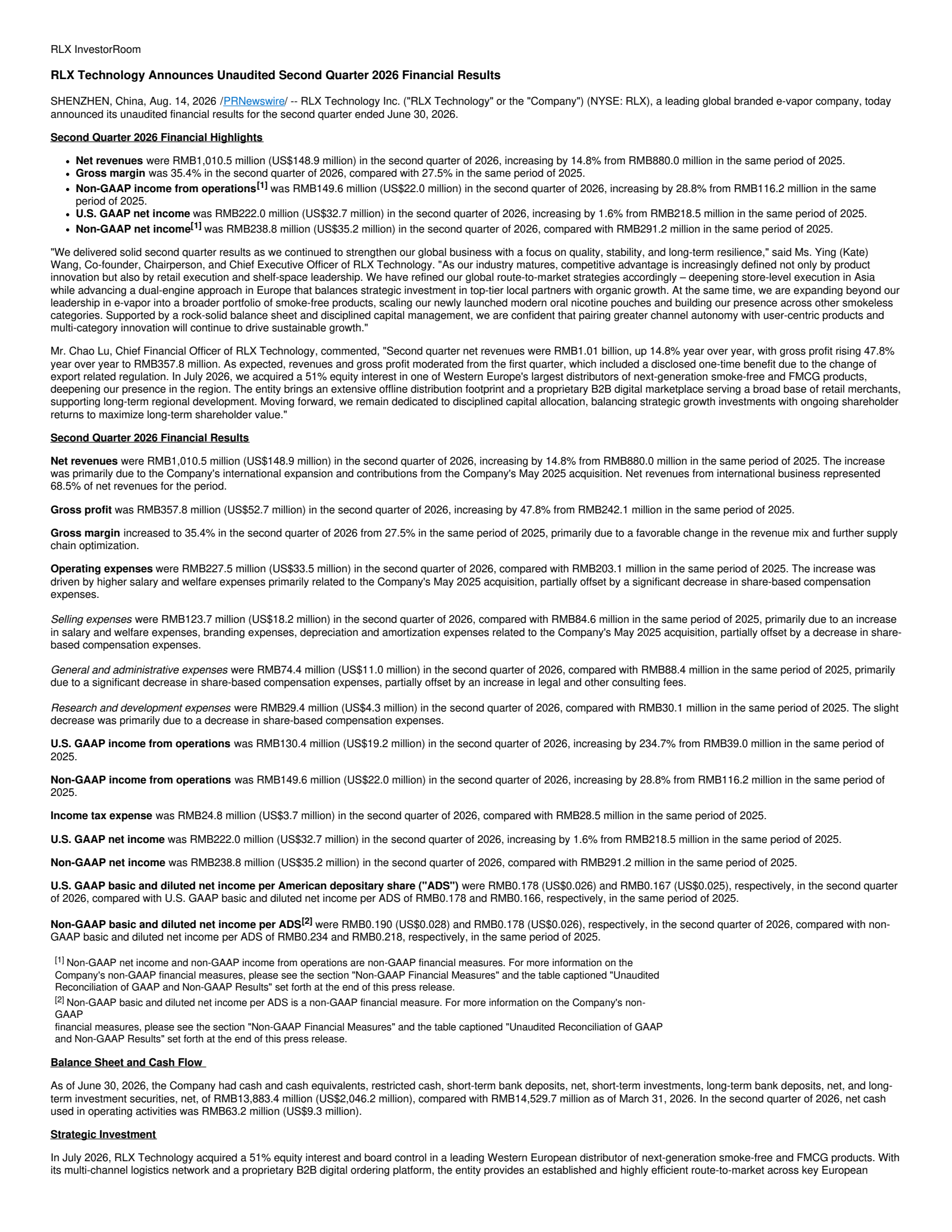 RLX Technology's Q2 2026 Press Release