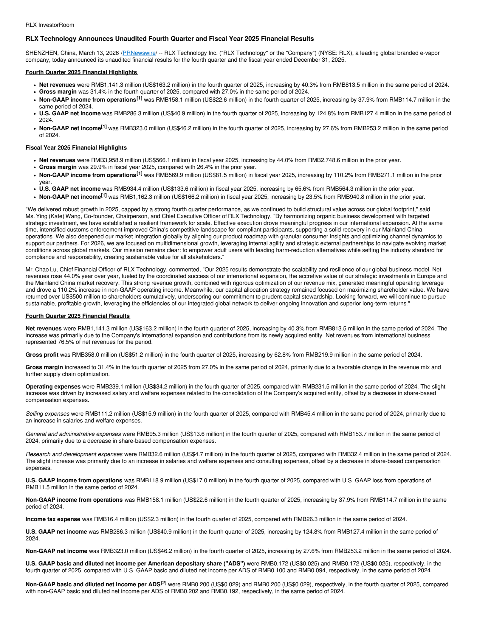 RLX Technology's Q4 2025 Press Release