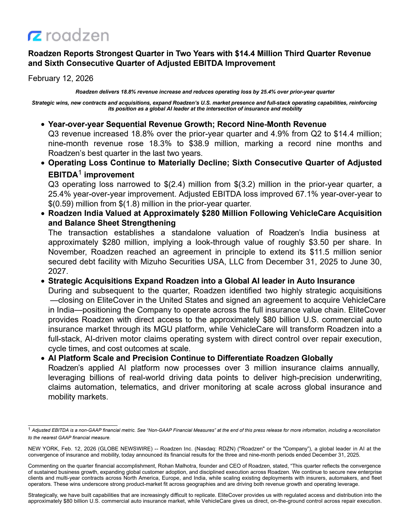 Roadzen's Q3 2026 Press Release