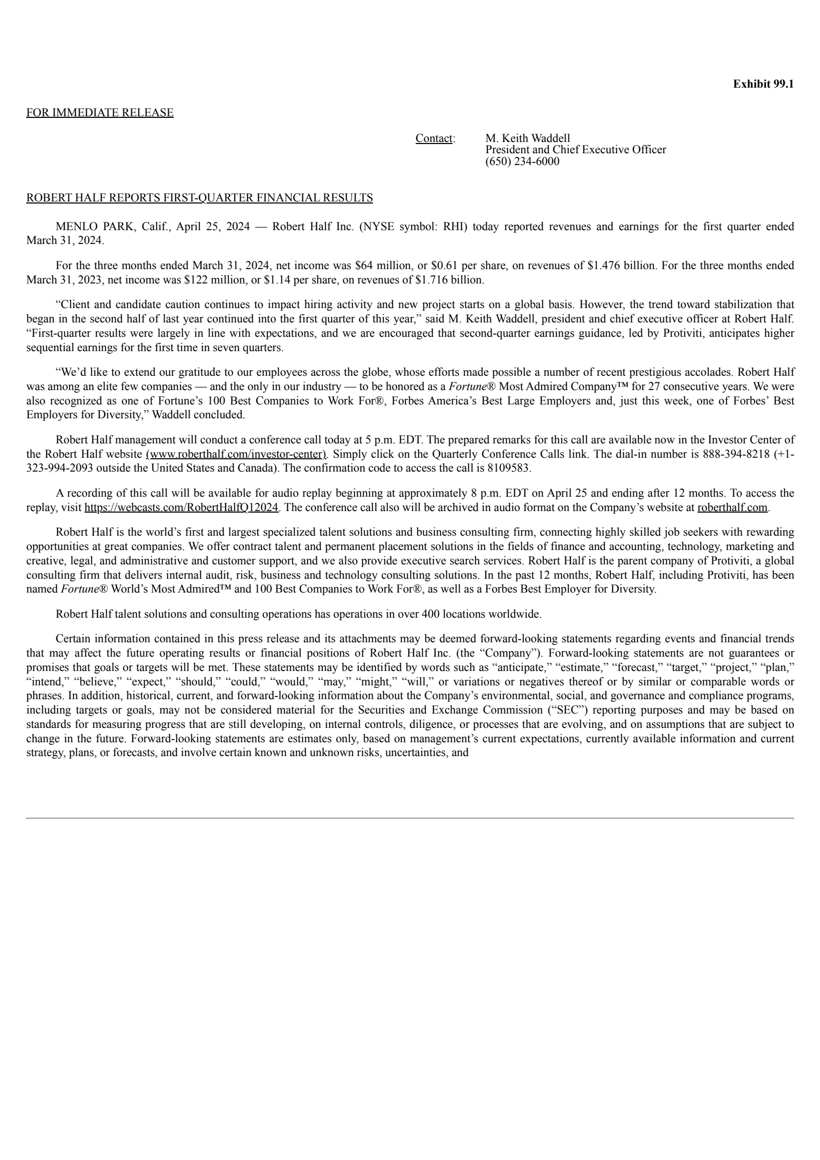 Robert Half's Q1 2024 Press Release