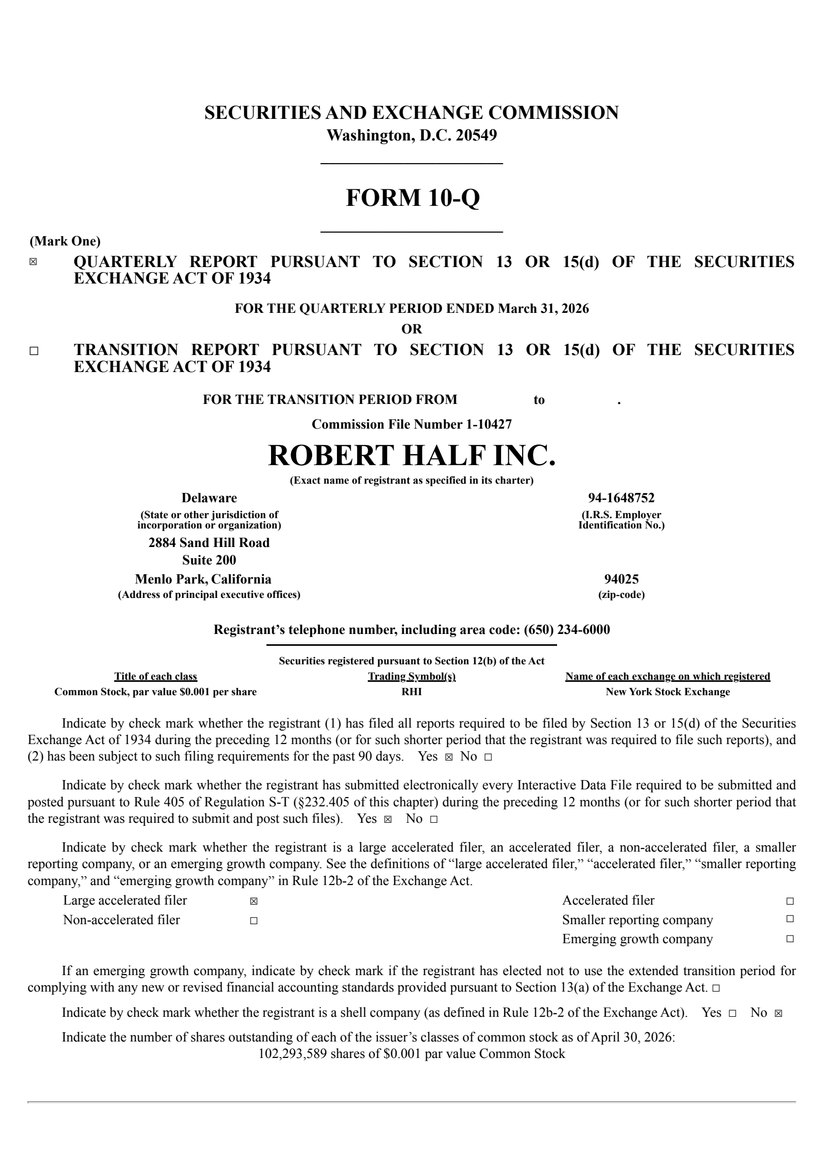 Robert Half's Q1 2026 Quarterly report