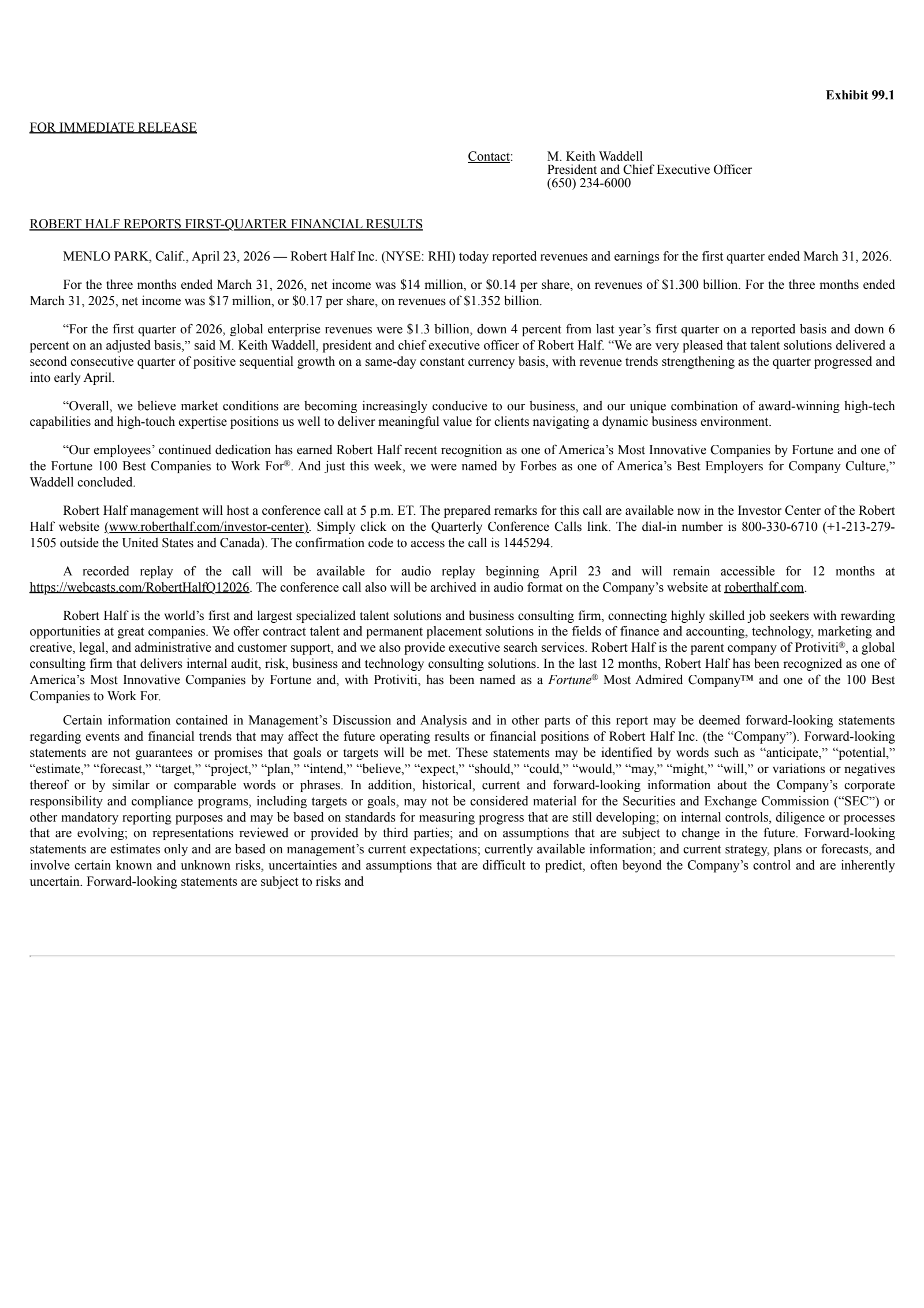 Robert Half's Q1 2026 Press Release