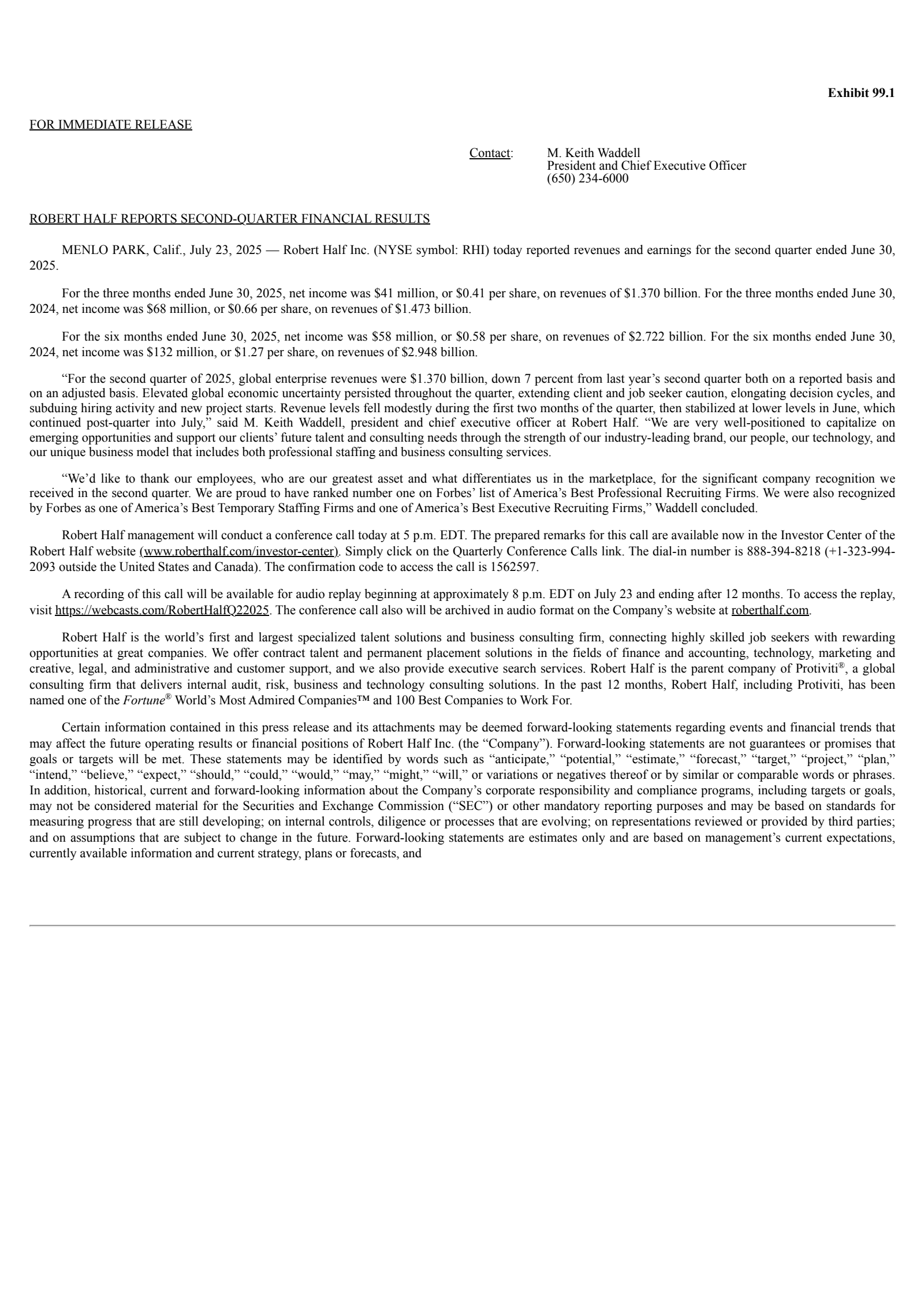 Robert Half's Q2 2025 Press Release