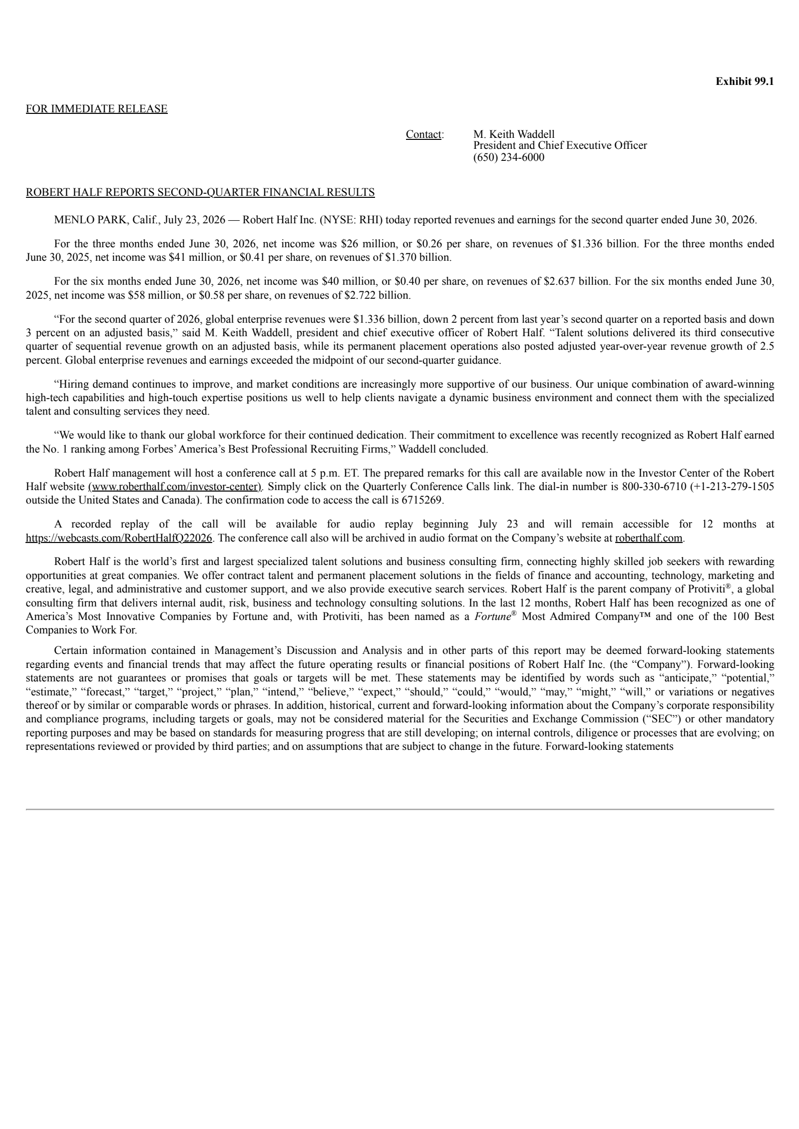 Robert Half's Q2 2026 Press Release
