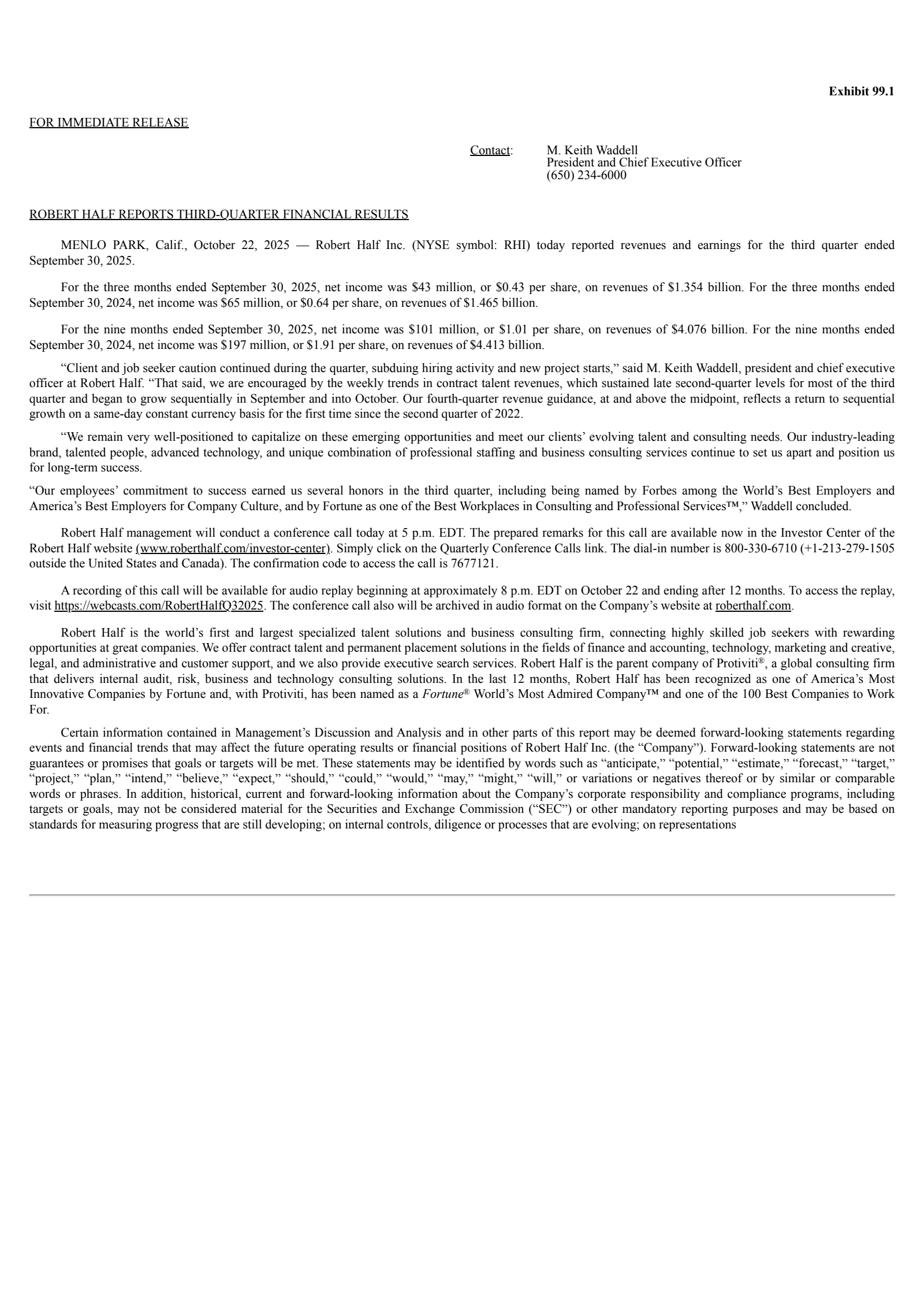 Robert Half's Q3 2025 Earnings Release