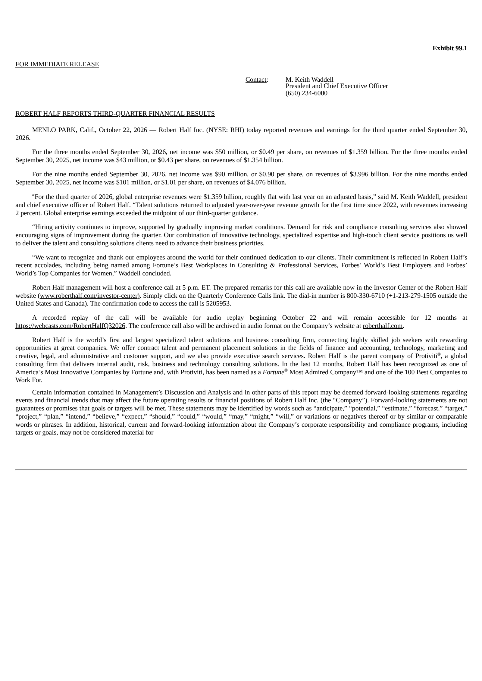 Robert Half (RHI) Q3 2026 Earnings Results & Call Transcript