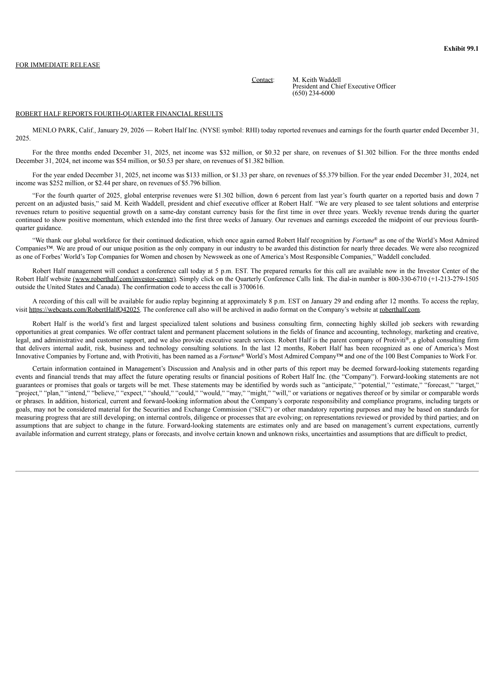 Robert Half's Q4 2025 Press Release
