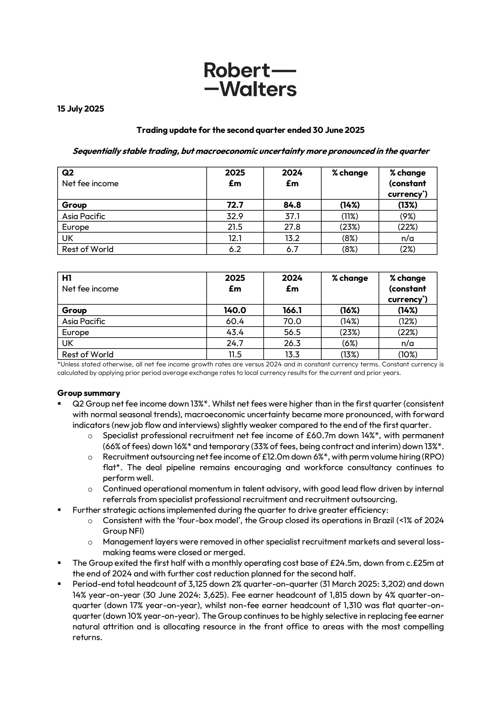 Robert Walters' Q2 2025 TU Press Release