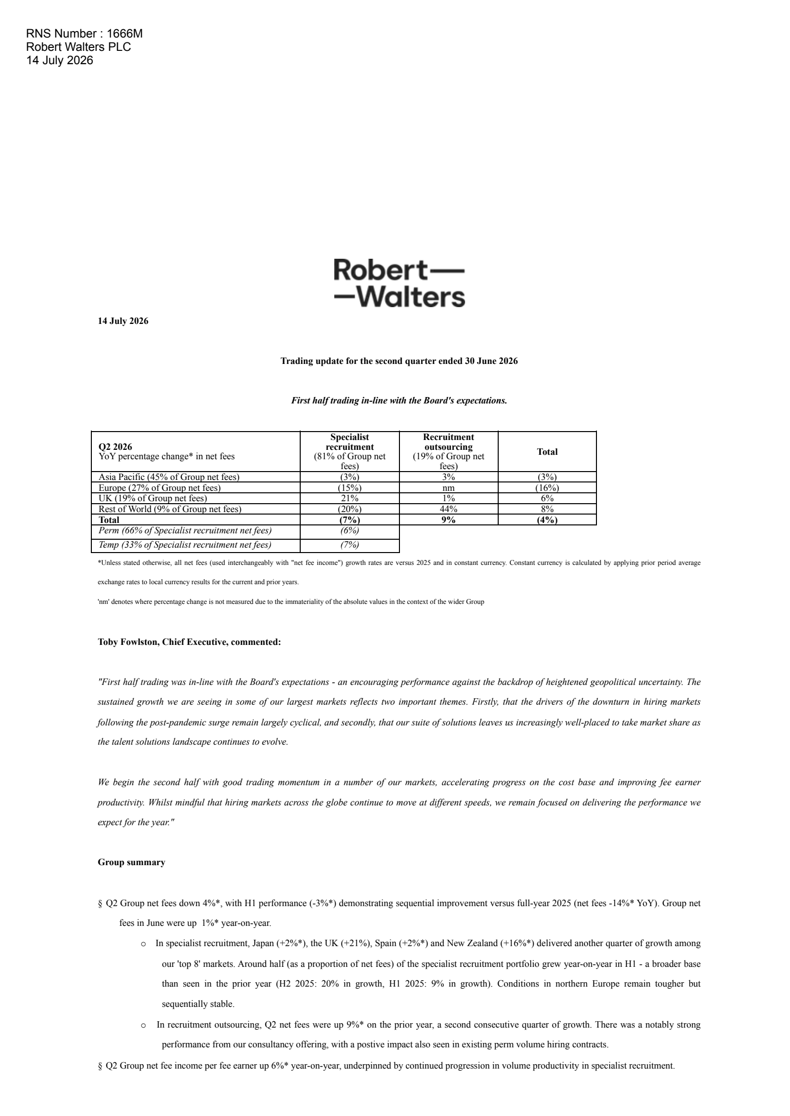 Robert Walters' Q2 2026 TU Press Release
