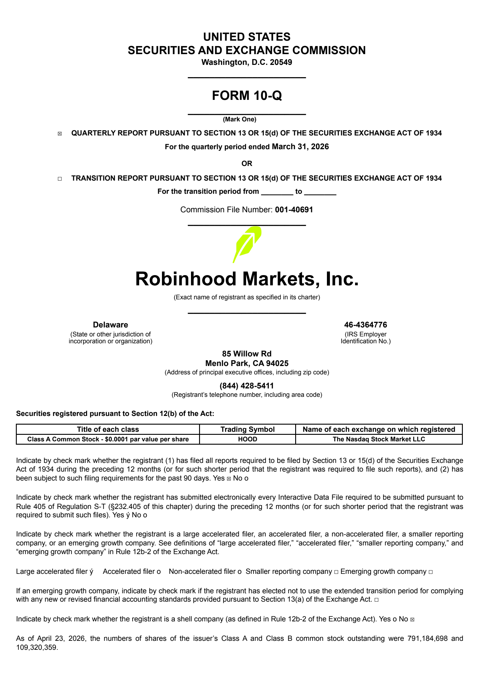Robinhood Markets' Q1 2026 Quarterly report